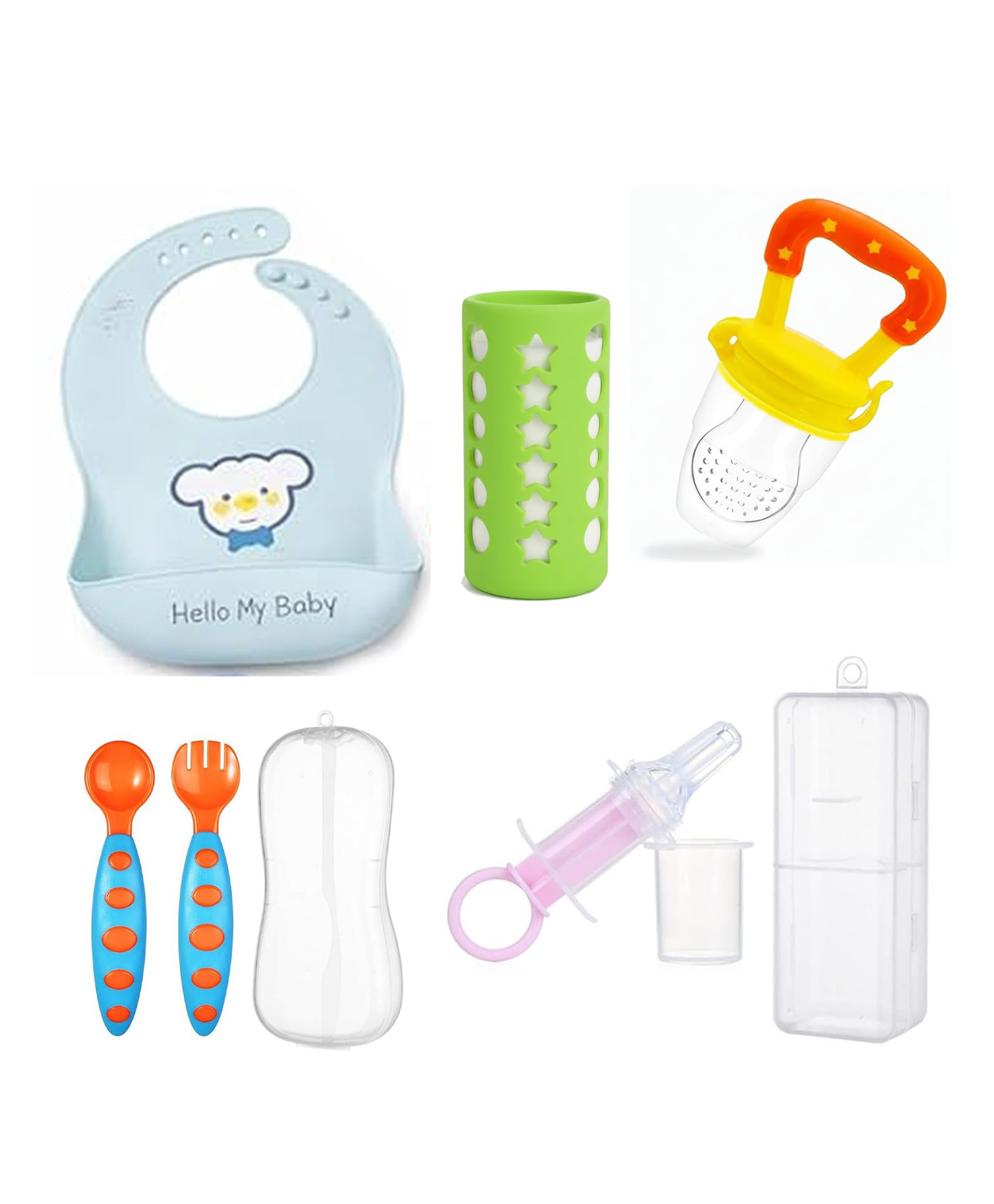 Safe-O-Kid® Infant Daily Use Combo | 1 Silicone Bib, 1 Fruit Feeder, 1 Spoon & Fork Set with 1 Medicine Feeder & 1 Baby Feeding Bottle Cover | BPA-Free Feeding Essentials for Babies Assorted-image-30
