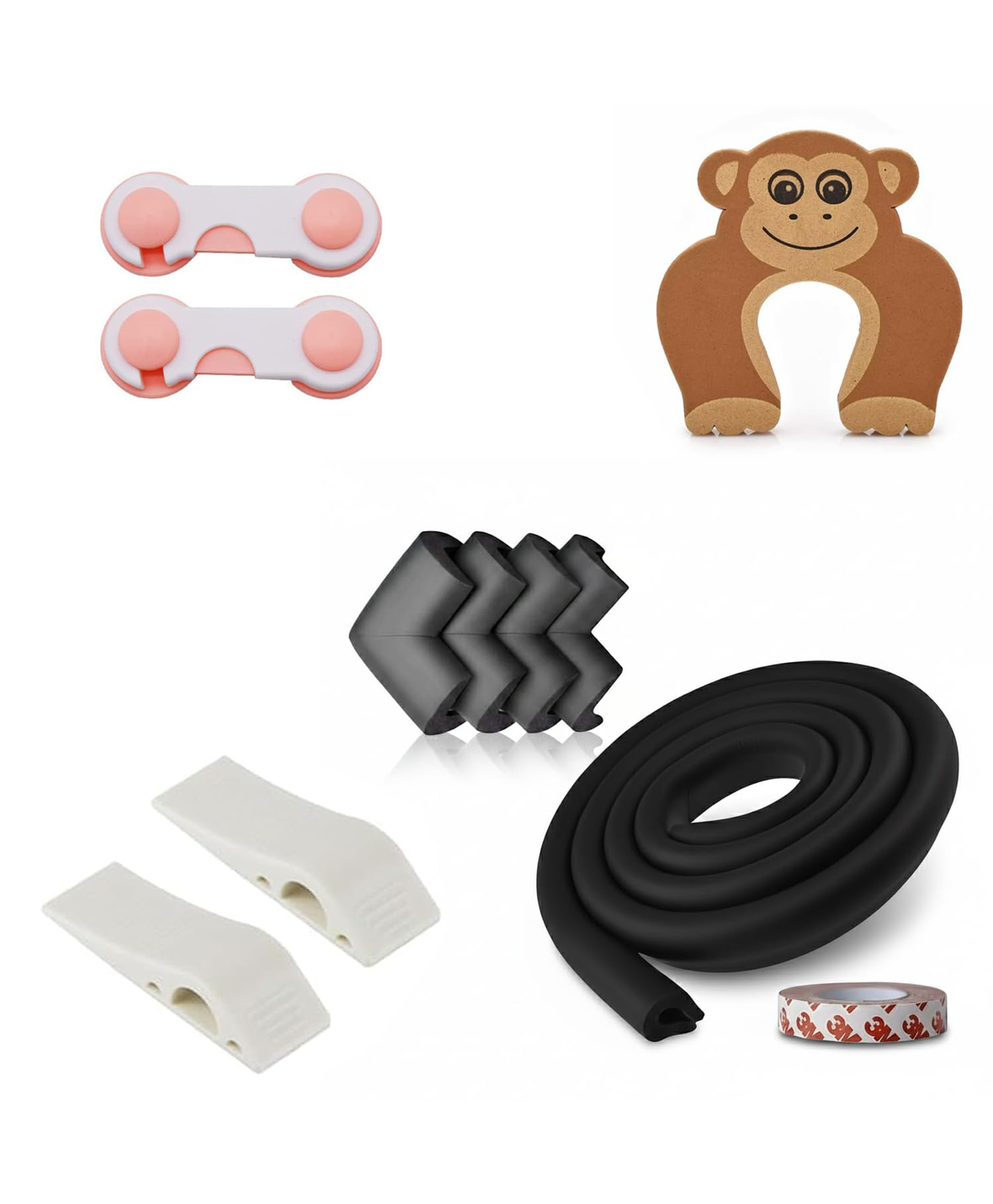 Safe-O-Kid Complete Baby Safety Combo Kit | 2 Smiley-End Safety Locks, 1 Monkey-Shaped Door Stopper, 2 TPR Door Stoppers, 4 Corner Protectors & 2M Edge Guard Tape | Child Safety for Home Assorted-image-49
