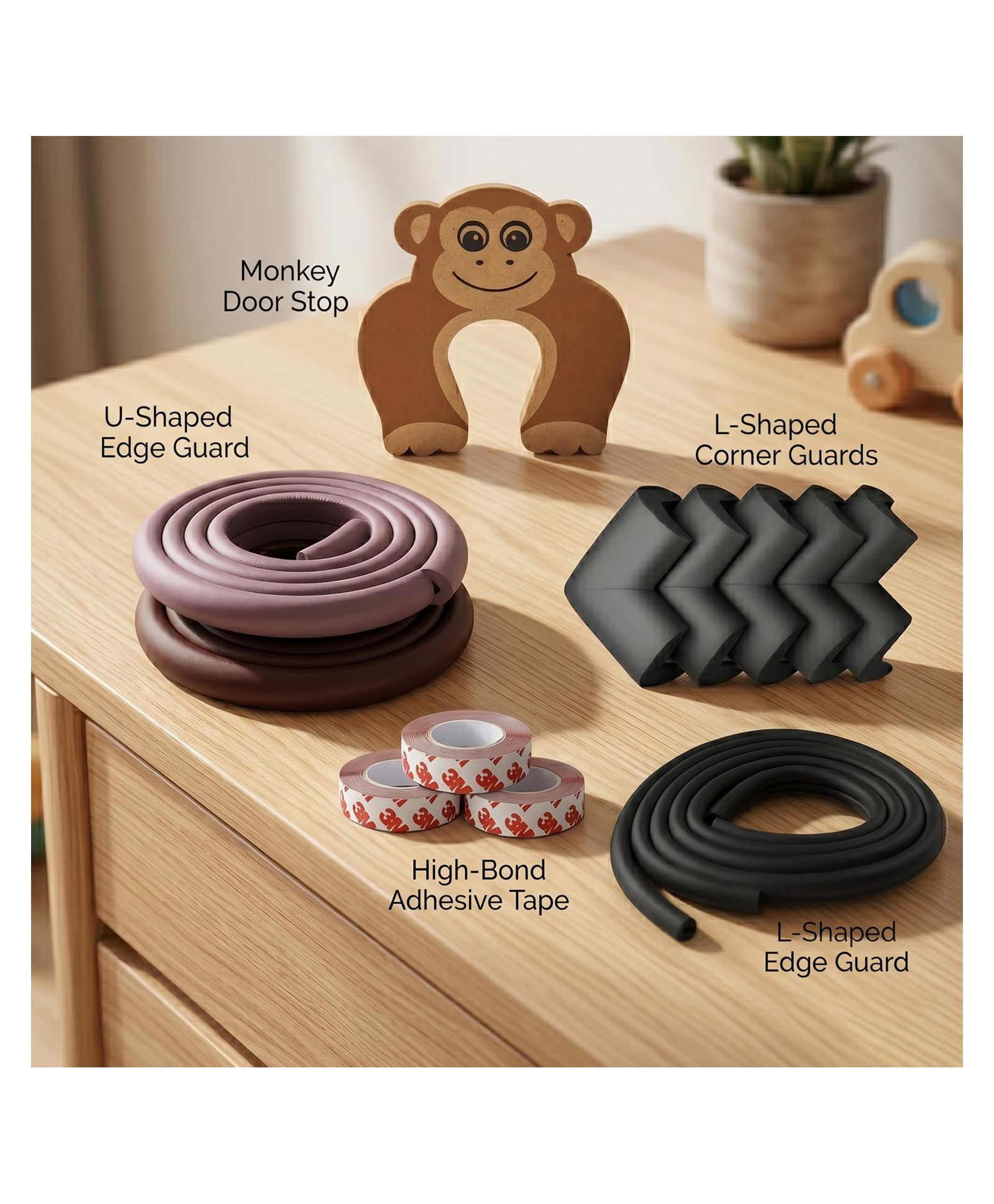 Safe-O-Kid Edge Protection Combo |5M Edge Guard & 2M Edge Guard (2Pcs) with 3M Adhesive Tape, 1 Monkey-Shaped Door Stopper & 4 Corner Protectors | Baby Proofing Safety Kit for Home Assorted-image-27