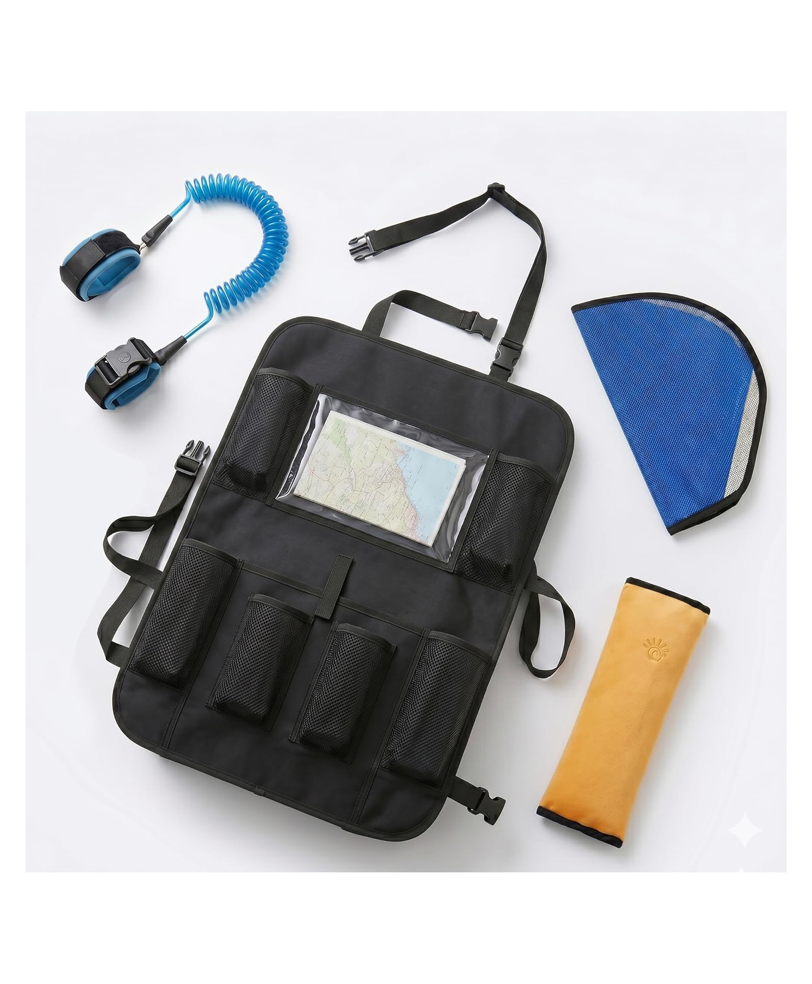 Safe-O-Kid Travel Safety Combo | 1 Kick Mat | 1 Seat Belt Holder | 1 Neck Support Pillow & 1 Wrist Link| Baby Travel Safety Set | Assorted-picture-37