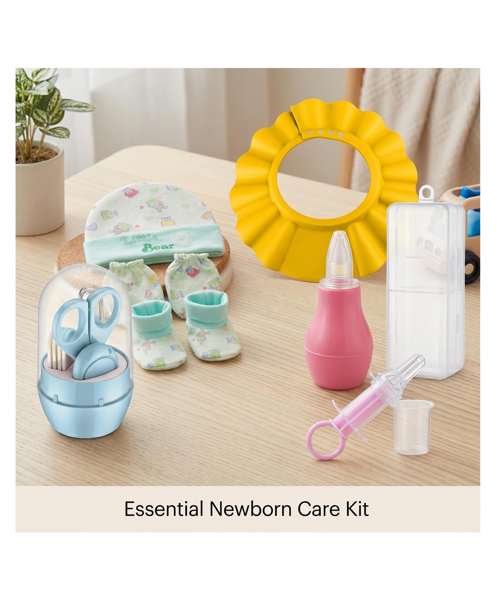 Safe-O-Kid Baby Grooming Care Kit | 1 Nasal Aspirator, 1 Silicone Medicine Feeder, 1 Grooming Set, 1 Baby Cap Mitten Bootie Set & 1 Bath Shampoo Cap | BPA-Free Baby Care Essentials | Assorted-picture-46