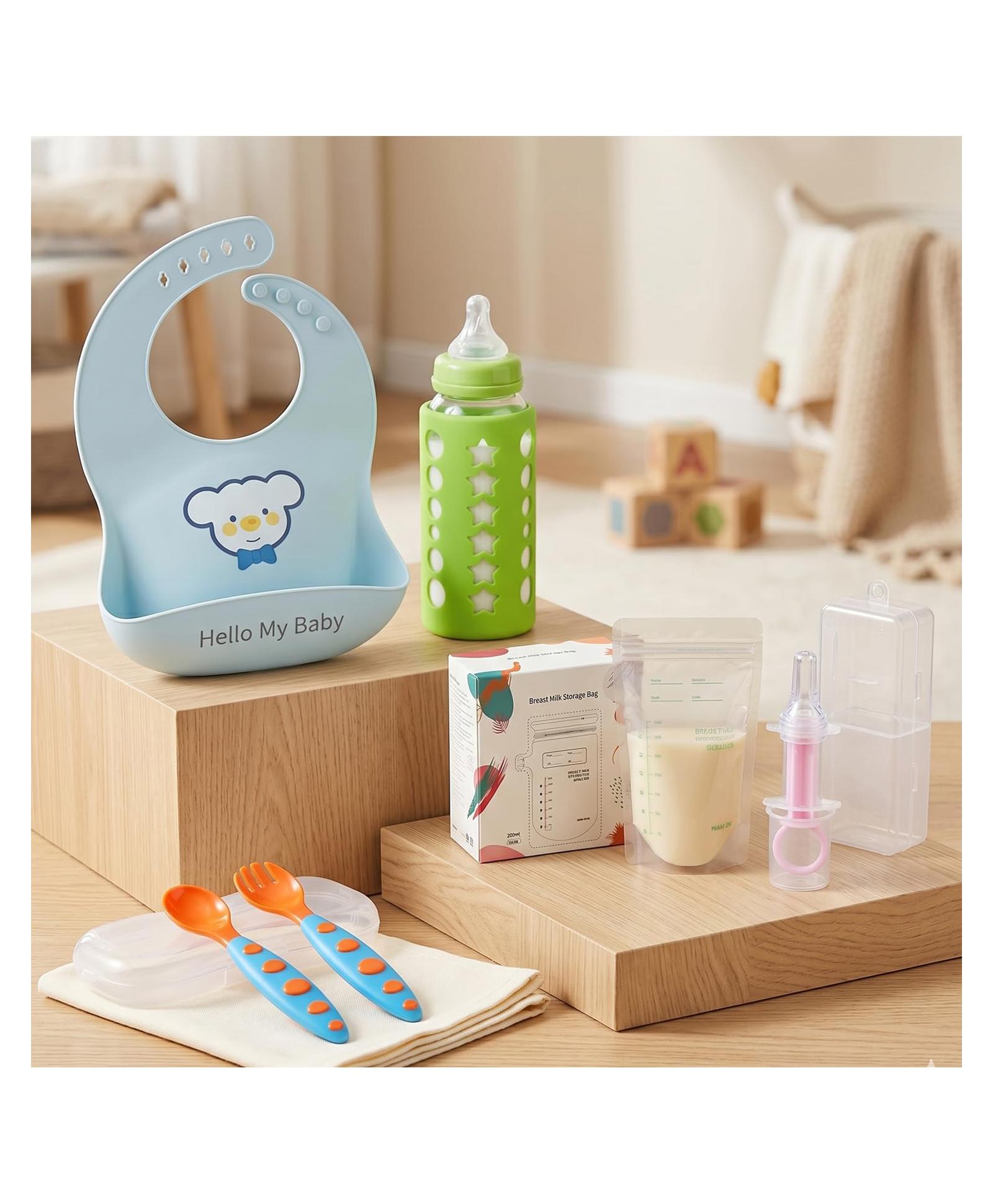 SAFE-O-KID New Mom Care Combo | 1 Silicone Bib, 1 Fruit Feeder, 1 Spoon & Fork Set, 1 Medicine Feeder & 1 Baby Feeding Bottle Cover | BPA-Free Feeding Essentials for Babies Assorted-image-28