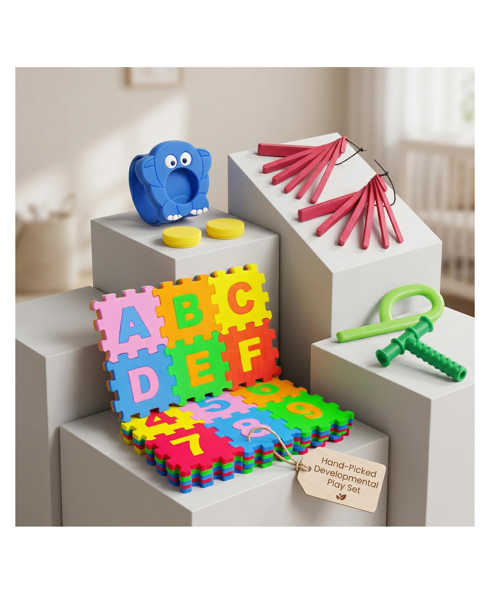Safe-O-Kid Sensory Development Combo | 1 P-Shape Chewy Tube, 1 T-Shape Chewy Tube, 2 Talk Tools, 1 Slap Band & 1 Puzzle Mat | Oral Motor & Sensory Therapy Kit for Kids Assorted-picture-43