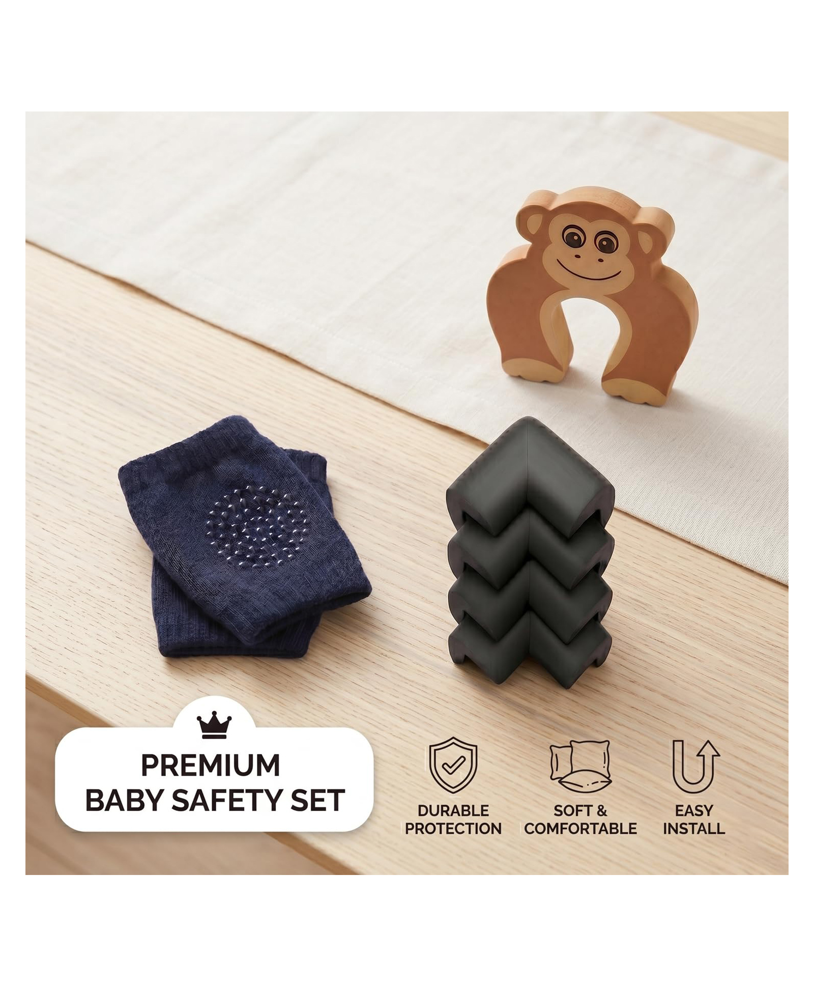 Safe-O-Kid Crawling Protection Combo | 1 Pair Baby Knee Pads, 4 NBR Corner Guards & 1 Monkey Shaped Door Stopper | Baby Safety Kit for Crawling, Walking & Home Protection - Assorted-image-2