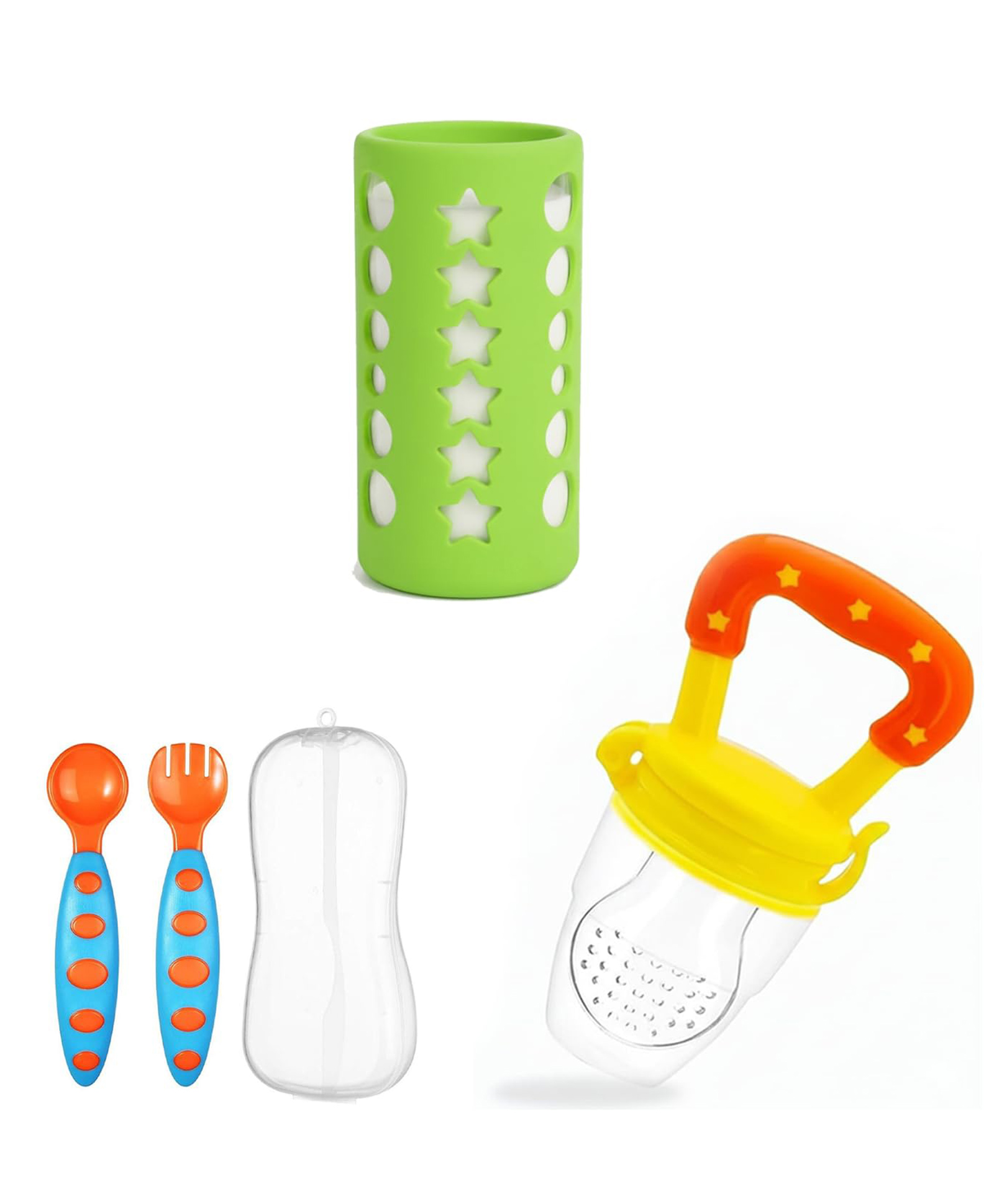 Safe-O-Kid Feeding Travel Combo | 1 Feeding Bottle Cover, 1 Fruit Feeder & 1 Baby Spoon Fork Set | BPA Free Feeding Essentials Kit for Babies & Toddlers - Assorted-image-27