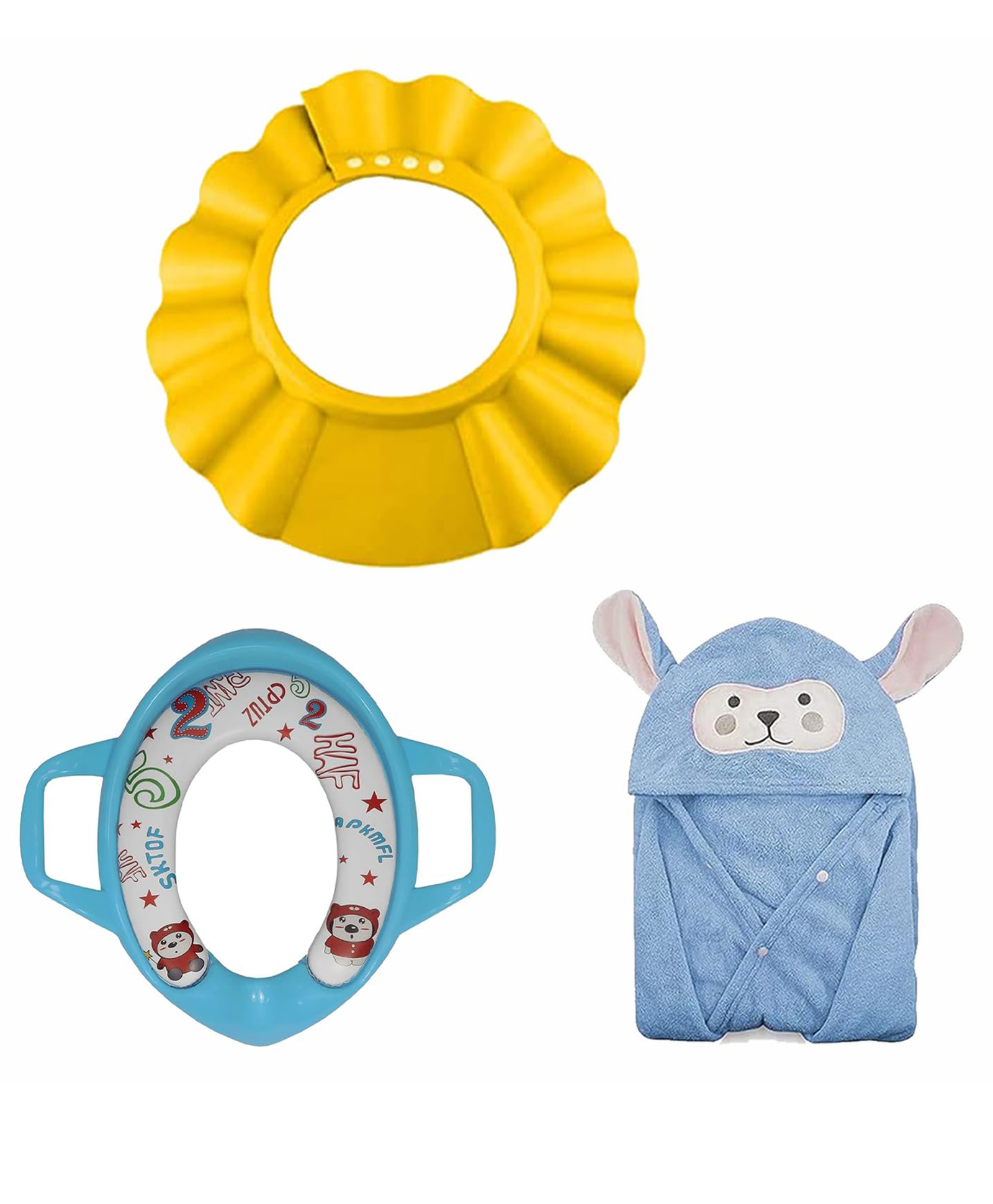 Safe-O-Kid Potty Training Combo | 1 Cushioned Potty Seat, 1 Baby Shampoo Hat & 1 Baby Hooded Bath Towel | Toilet Training & Bath Essentials Kit for Babies & Toddlers - Assorted-picture-14