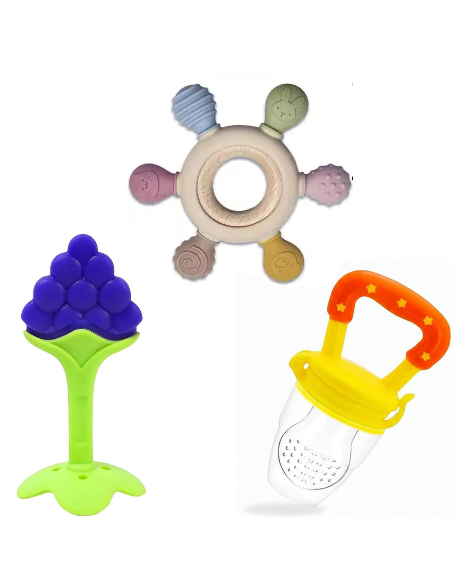 Safe-O-Kid Teether Combo | 1 Silicone Fruit Teether, 1 Wooden Teether & 1 Fruit Feeder | BPA Free Teething & Self Feeding Essentials for Babies - Assorted-image-23