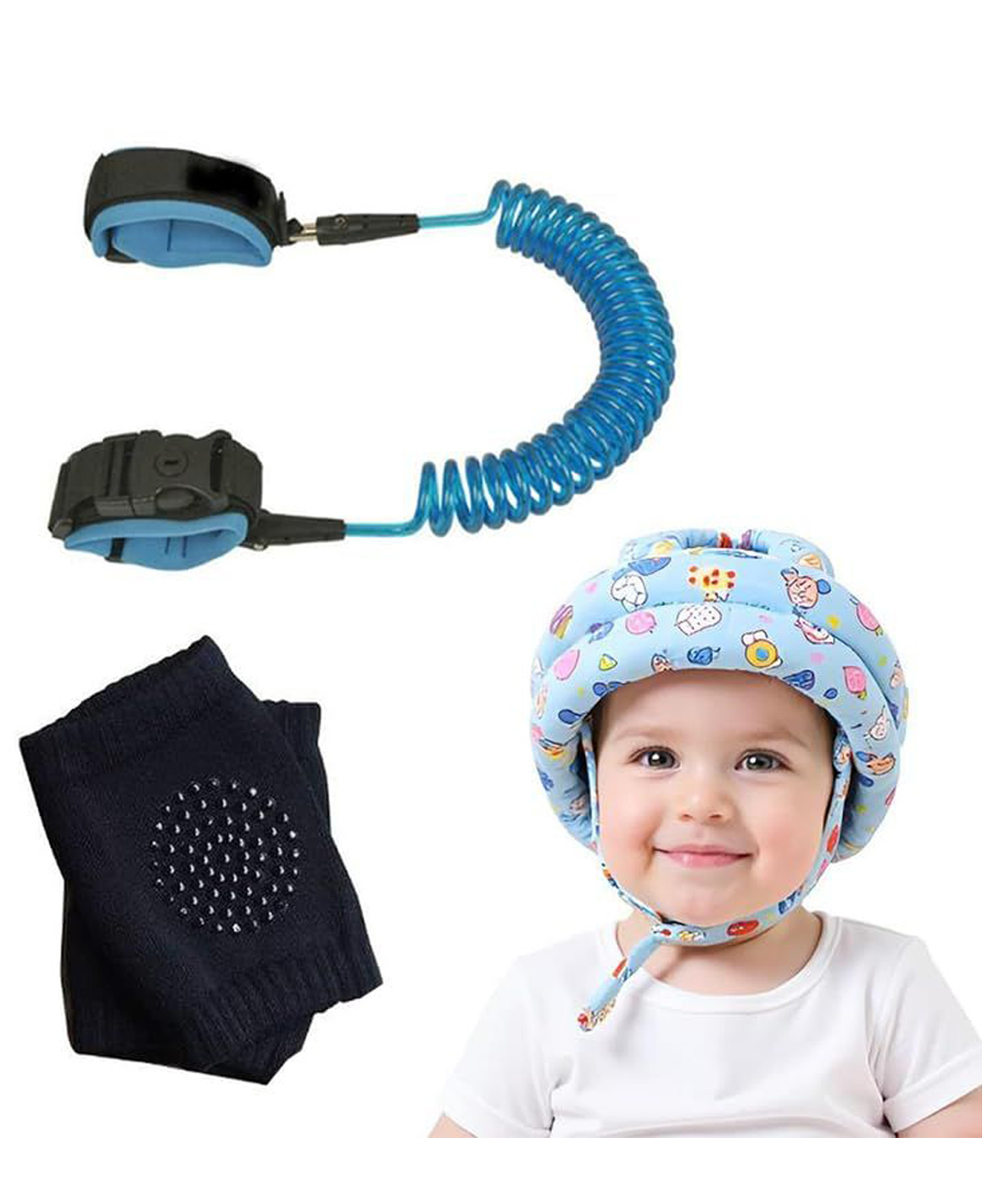 Safe-O-Kid Toddler Outdoor Safety Combo | 1 Pair Knee Pads, 1 Child Anti Lost Wrist Link & 1 Cotton Safety Helmet | Outdoor Protection Kit for Crawling, Walking & Travel - Assorted-image-1