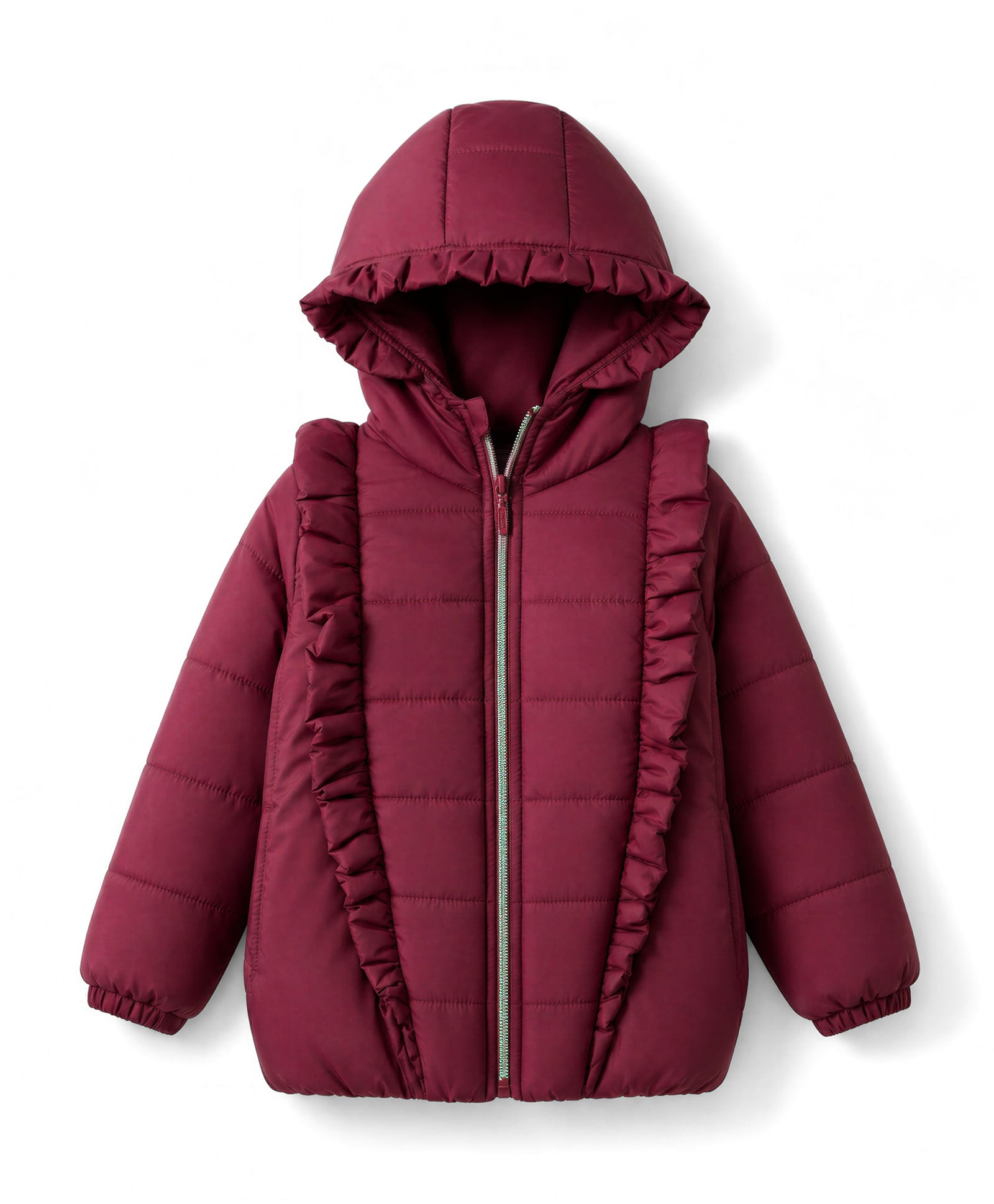 Babyhug Woven Full Sleeves Solid Colour Hooded Padded Jacket with Frill Detailing - Burgundy-picture-10
