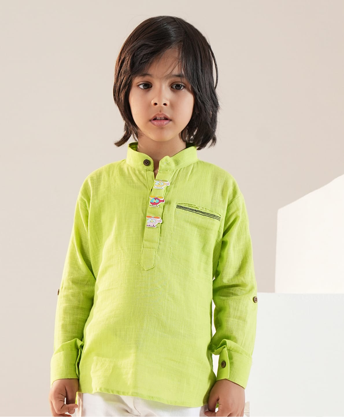 LIL PITAARA Cotton Knit Full Sleeves Helicopter Applique Detailed Kurta Style Shirt - Green-picture-19