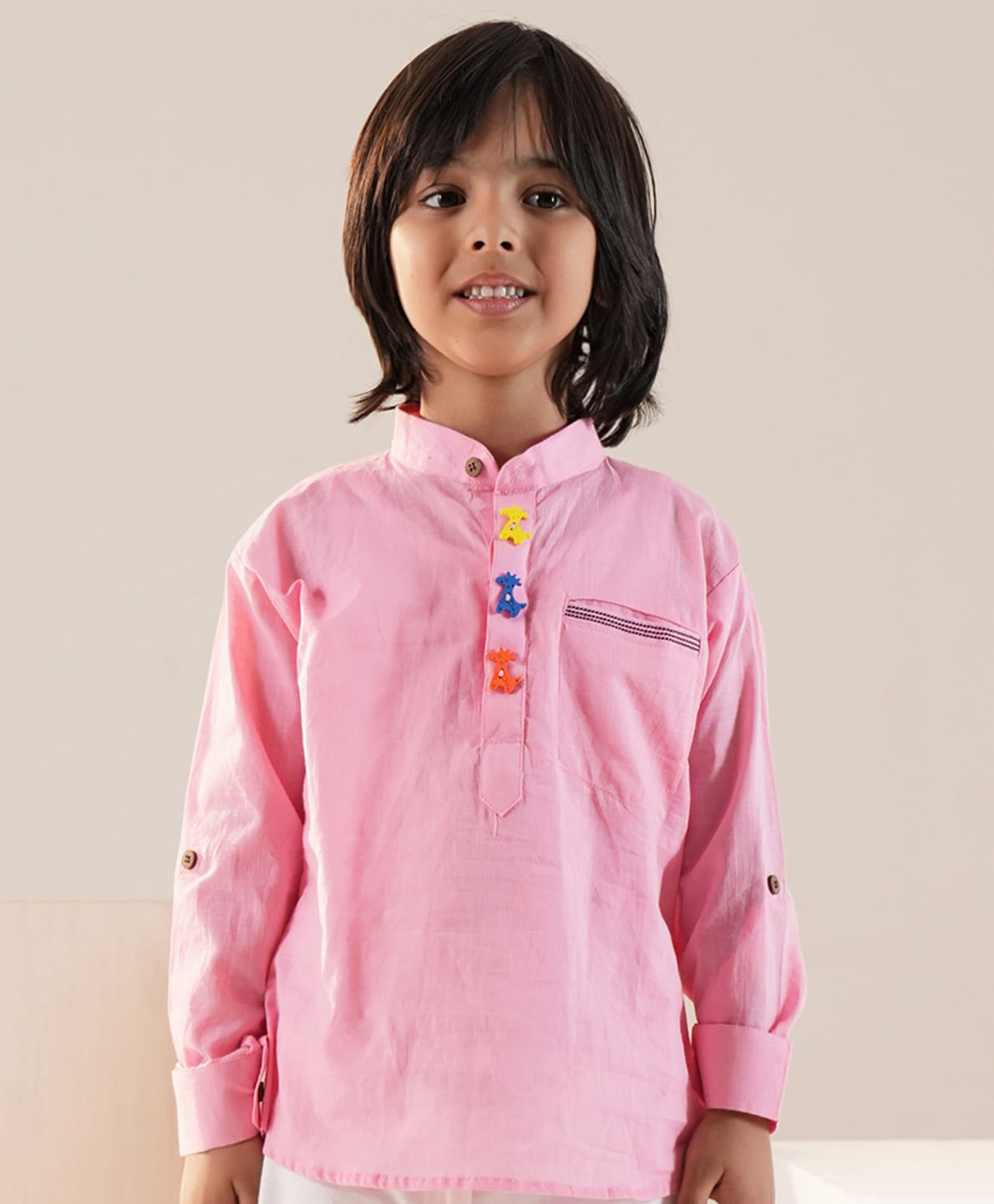 LIL PITAARA Cotton Knit Full Sleeves Giraffe Applique Detailed Kurta Style Shirt - Pink-picture-28