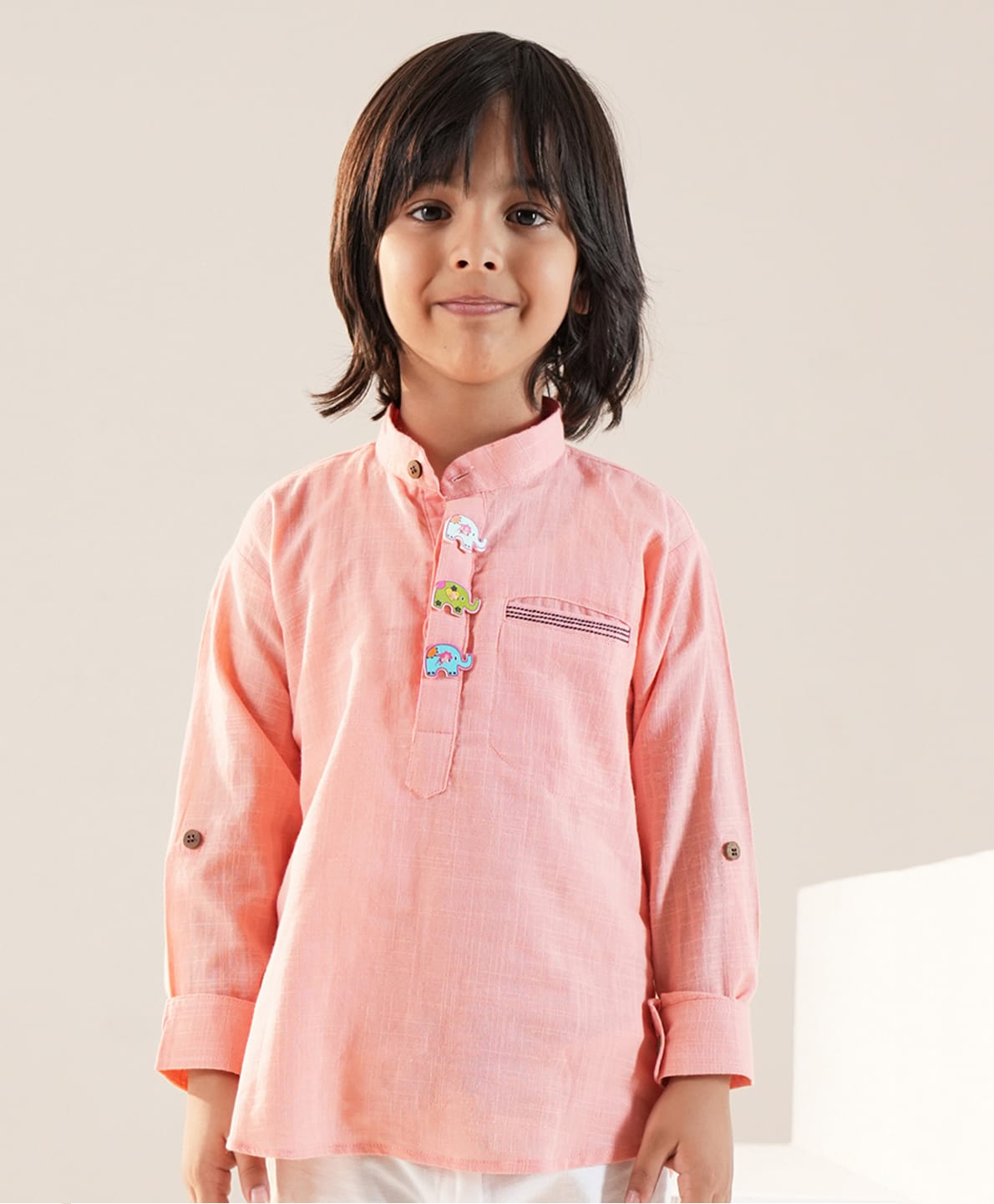 LIL PITAARA Cotton Knit Full Sleeves Elephant Applique Detailed Kurta Style Shirt - Peach-image-34