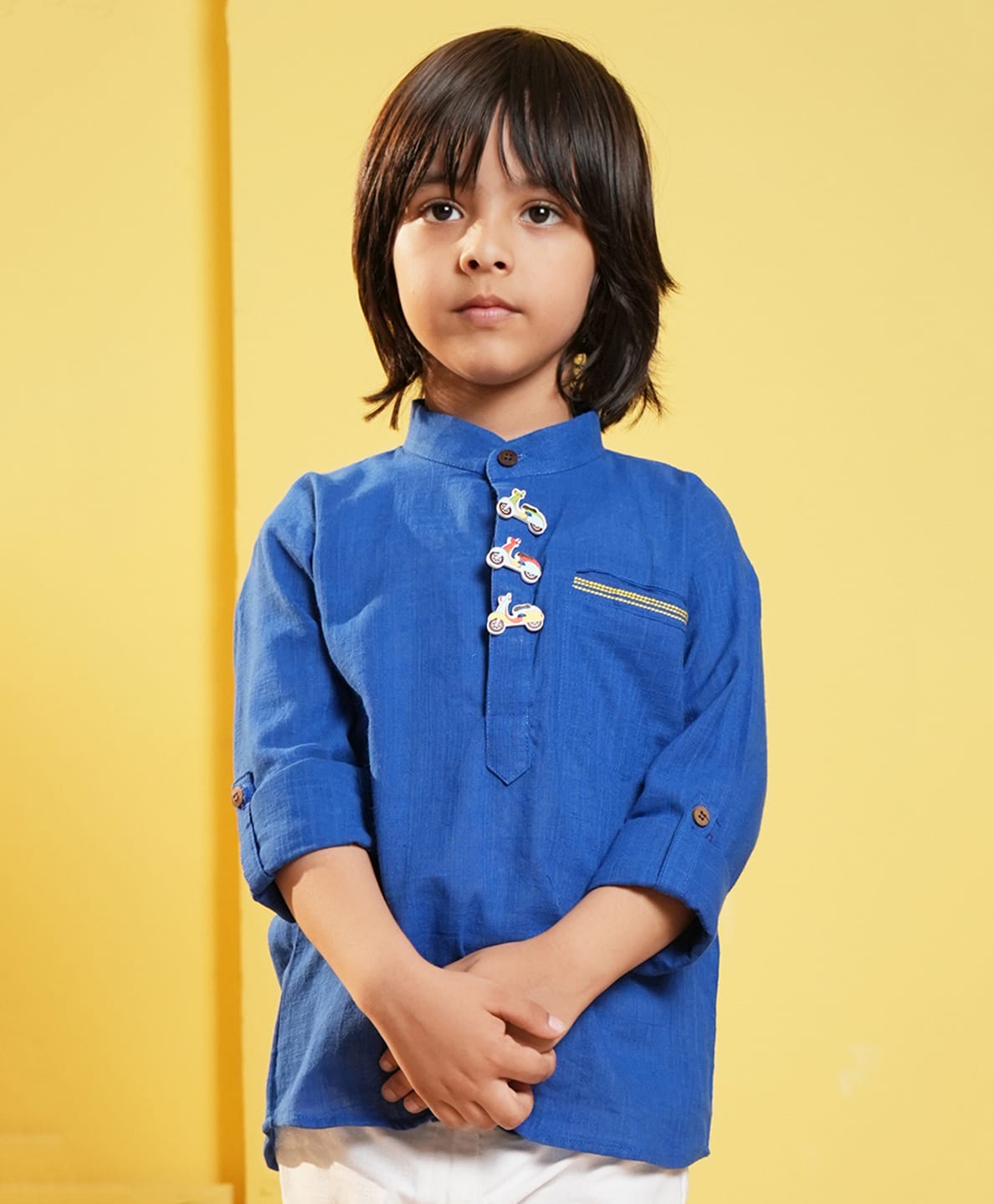 LIL PITAARA Cotton Knit Full Sleeves Scooter Applique Detailed Kurta Style Shirt - Blue-picture-38
