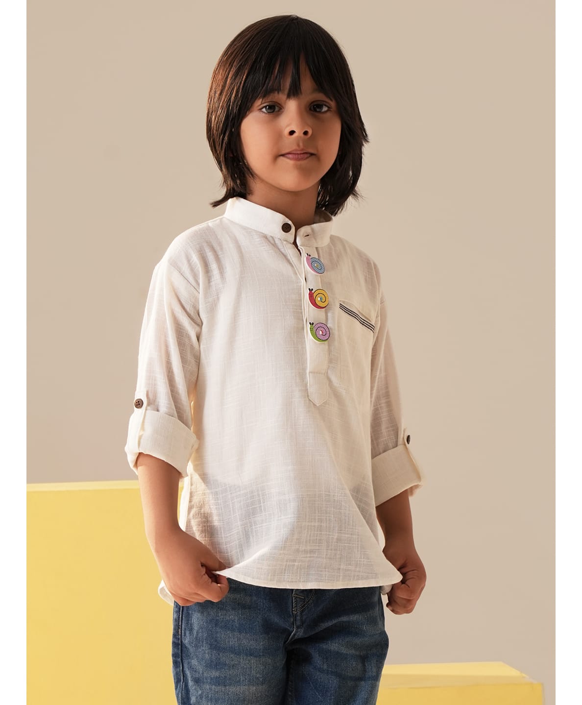 Lil Pitaara Cotton Knit Full Sleeves Snail Applique Detailed Kurta Styled Shirt - Off White-picture-35