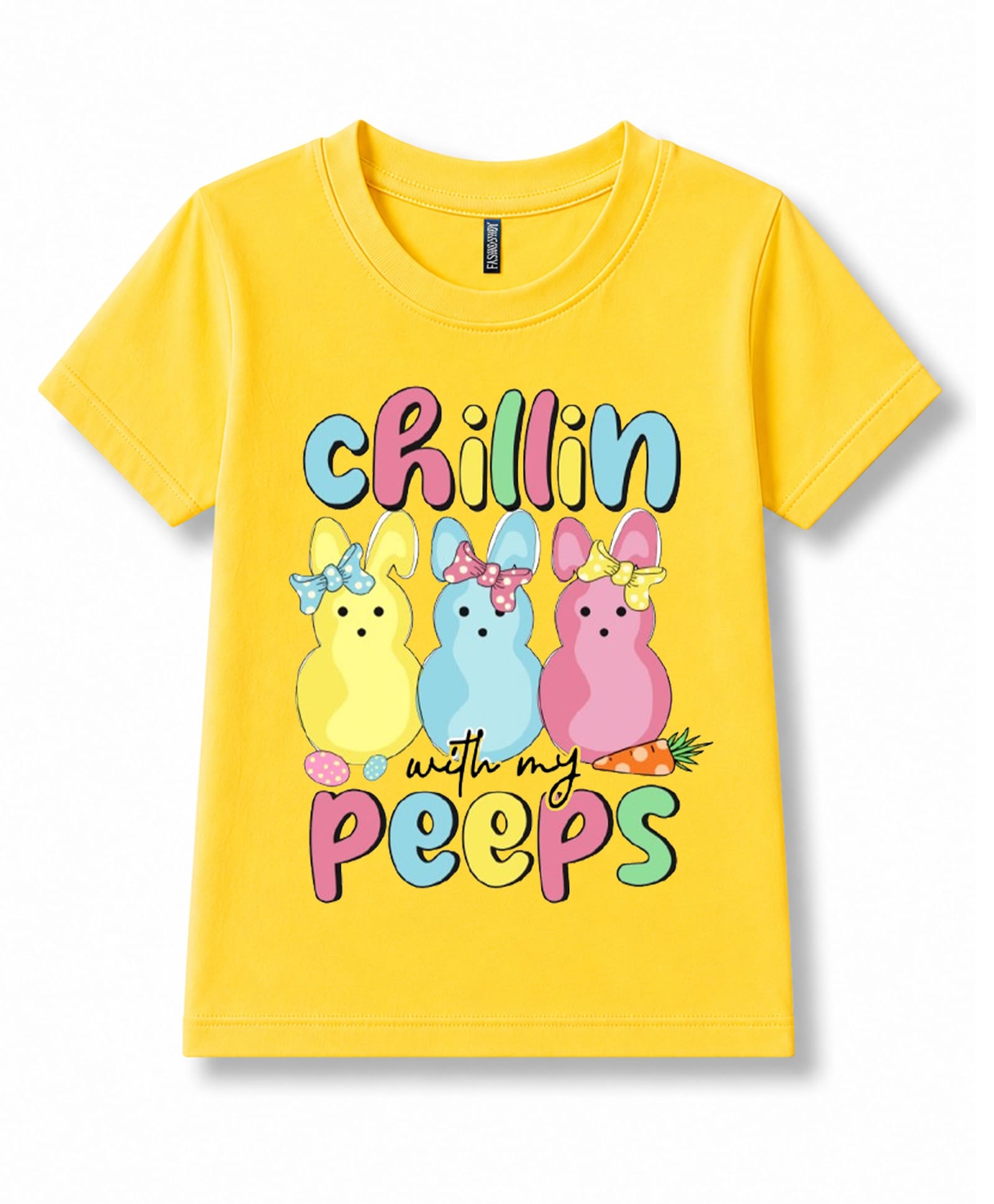 FASHIONOY 100% Cotton Knit Half Sleeves Chillin With My Peeps Text Printed Tee - Yellow-picture-15