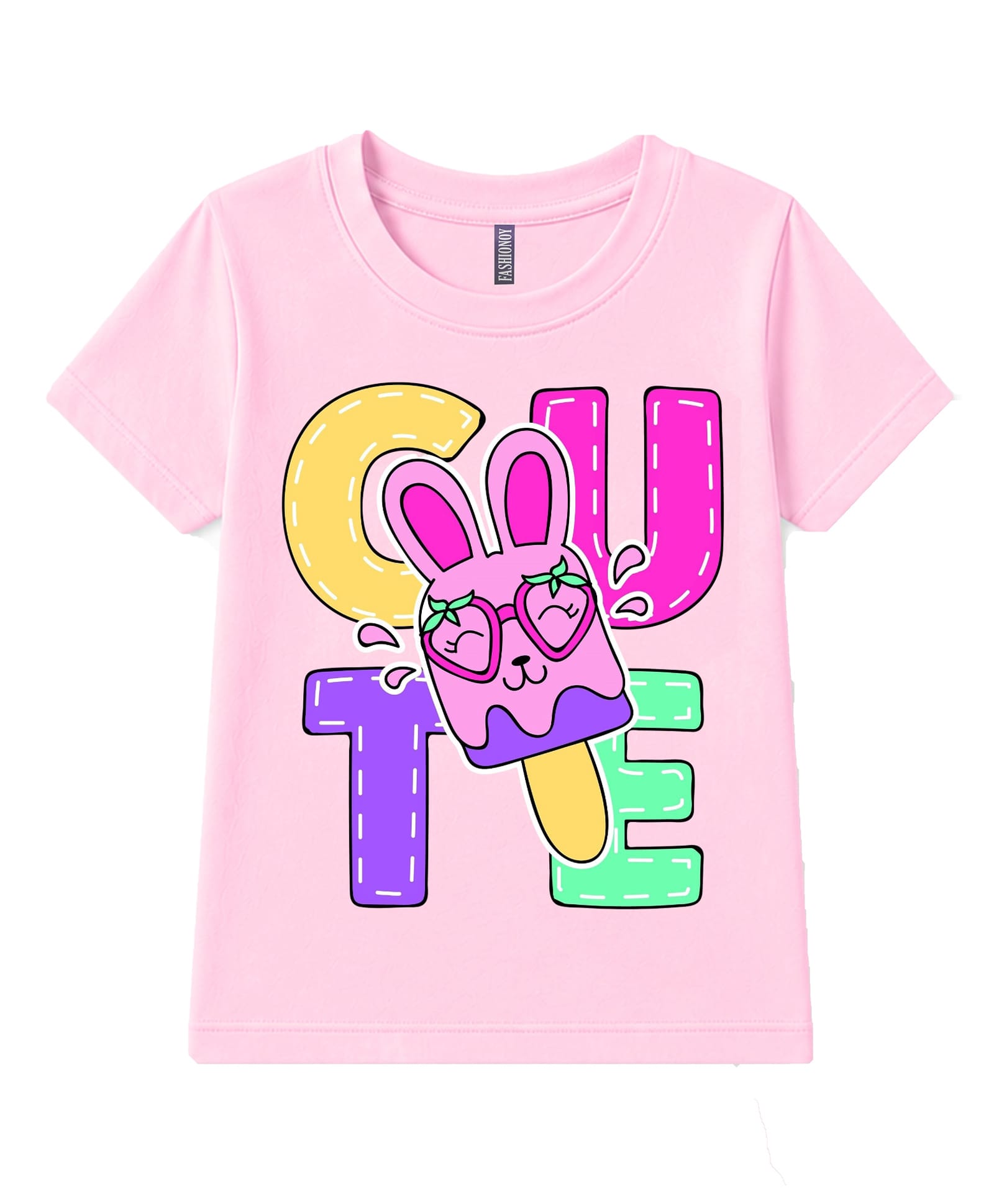 FASHIONOY 100% Cotton Knit Half Sleeves Bunny Popscicle Printed Tee - Pink-image-24
