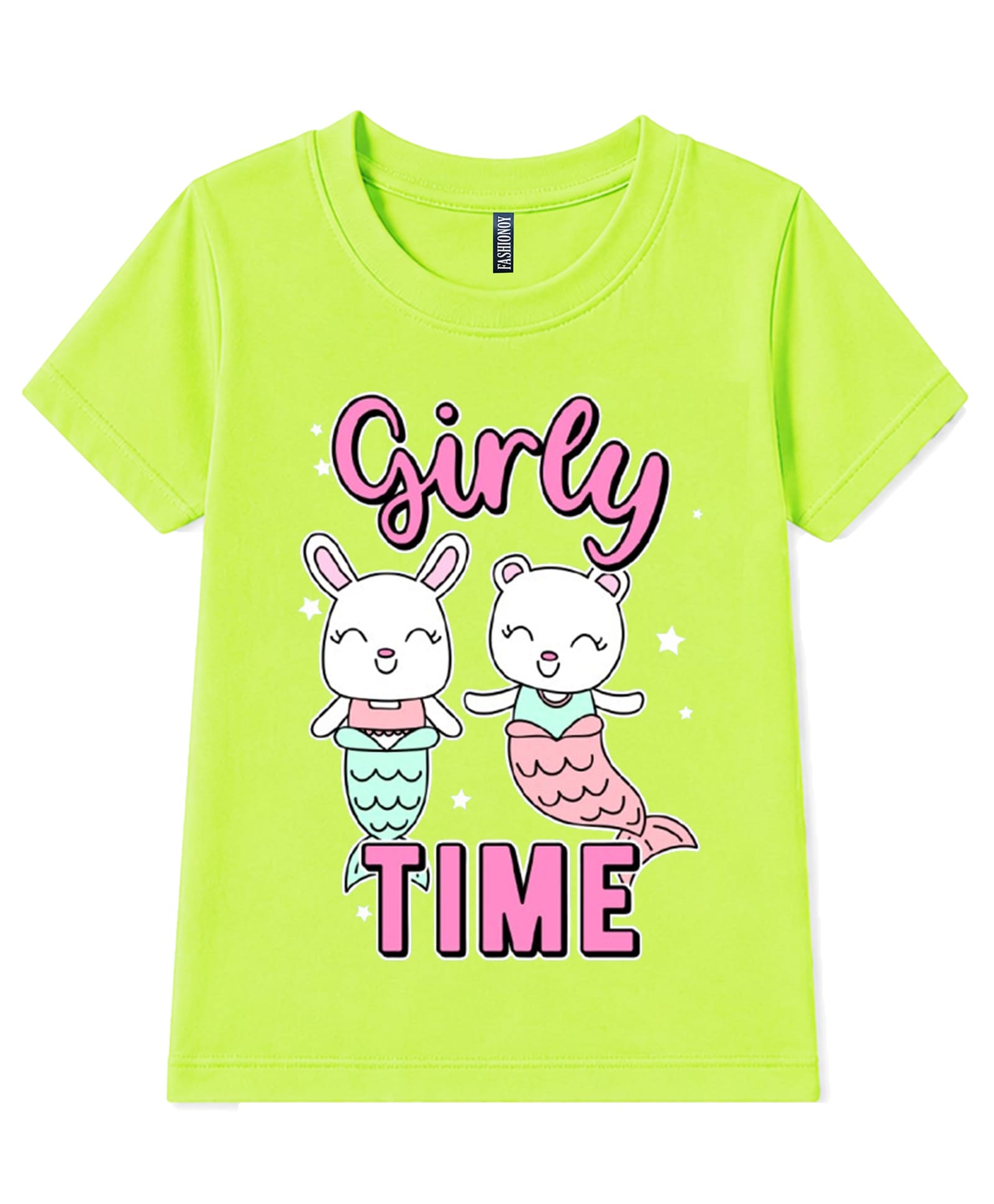 FASHIONOY 100% Cotton Knit Half Sleeves Mermaid Animals Printed Tee - Neon Green-picture-24