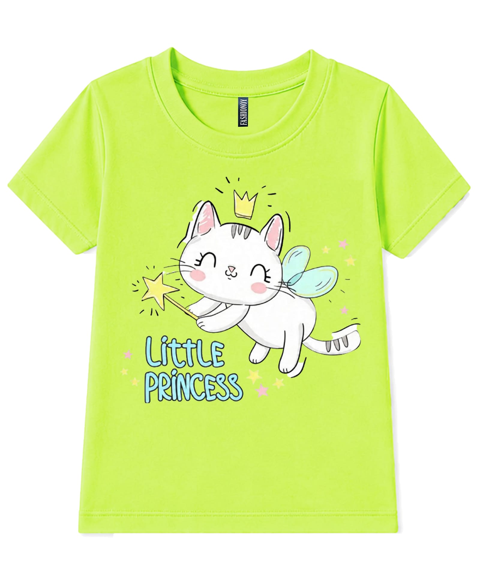 FASHIONOY 100% Cotton Knit Half Sleeves Fairy Cat Printed Tee - Neon Green-image-36