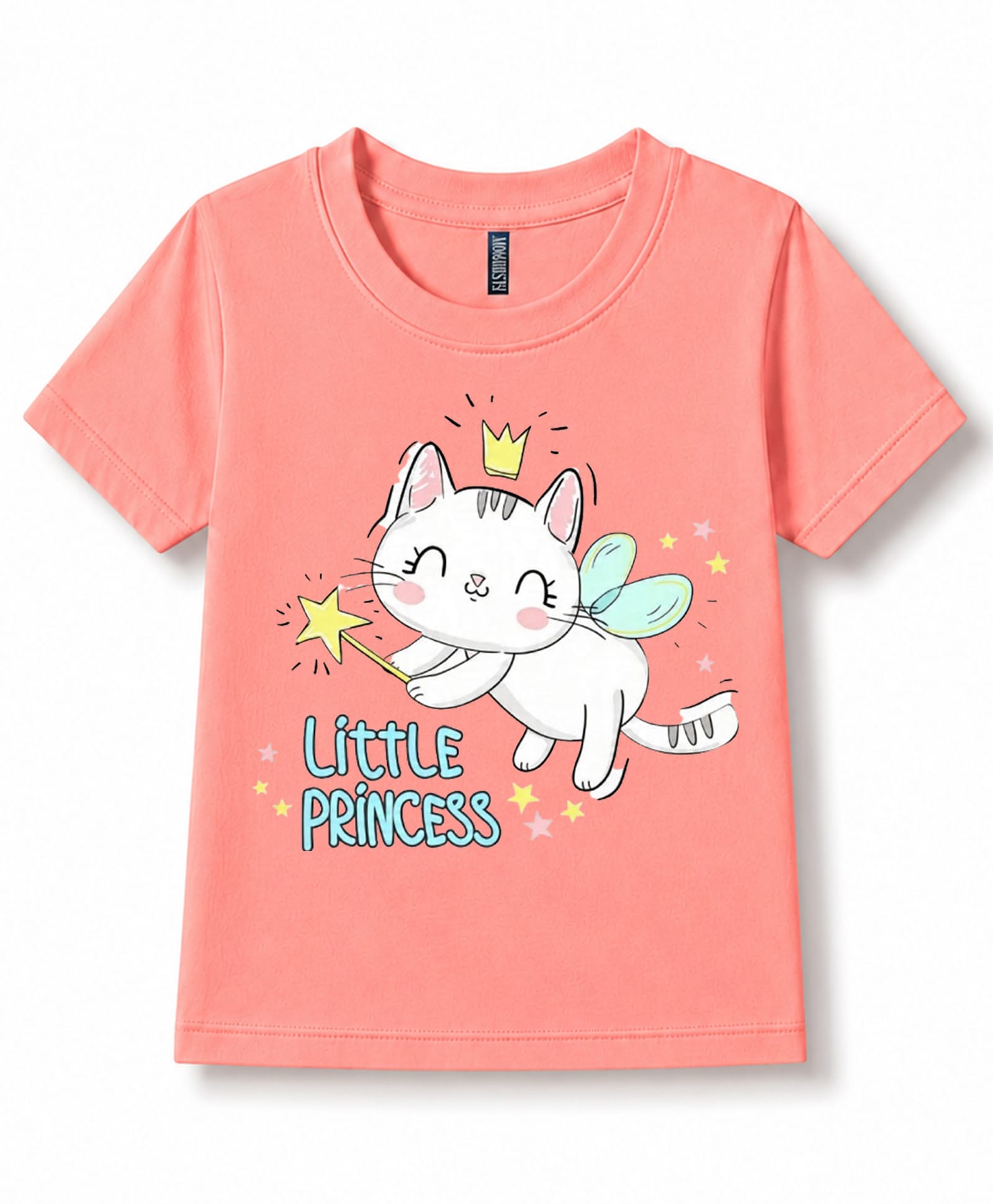 FASHIONOY 100% Cotton Knit Half Sleeves Fairy Cat Printed Tee - Peach-image-17