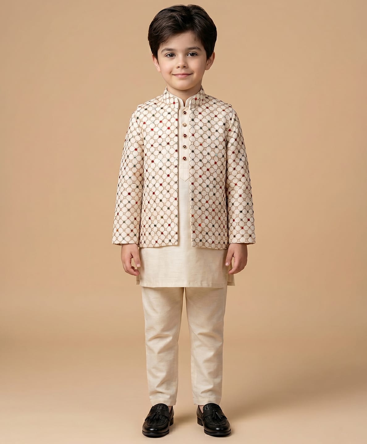 ETHNIKS NEURON Silk Woven Full Sleeves Solid Kurta & Pyjama With Beads Embellished Jacket Set - Cream-image-38