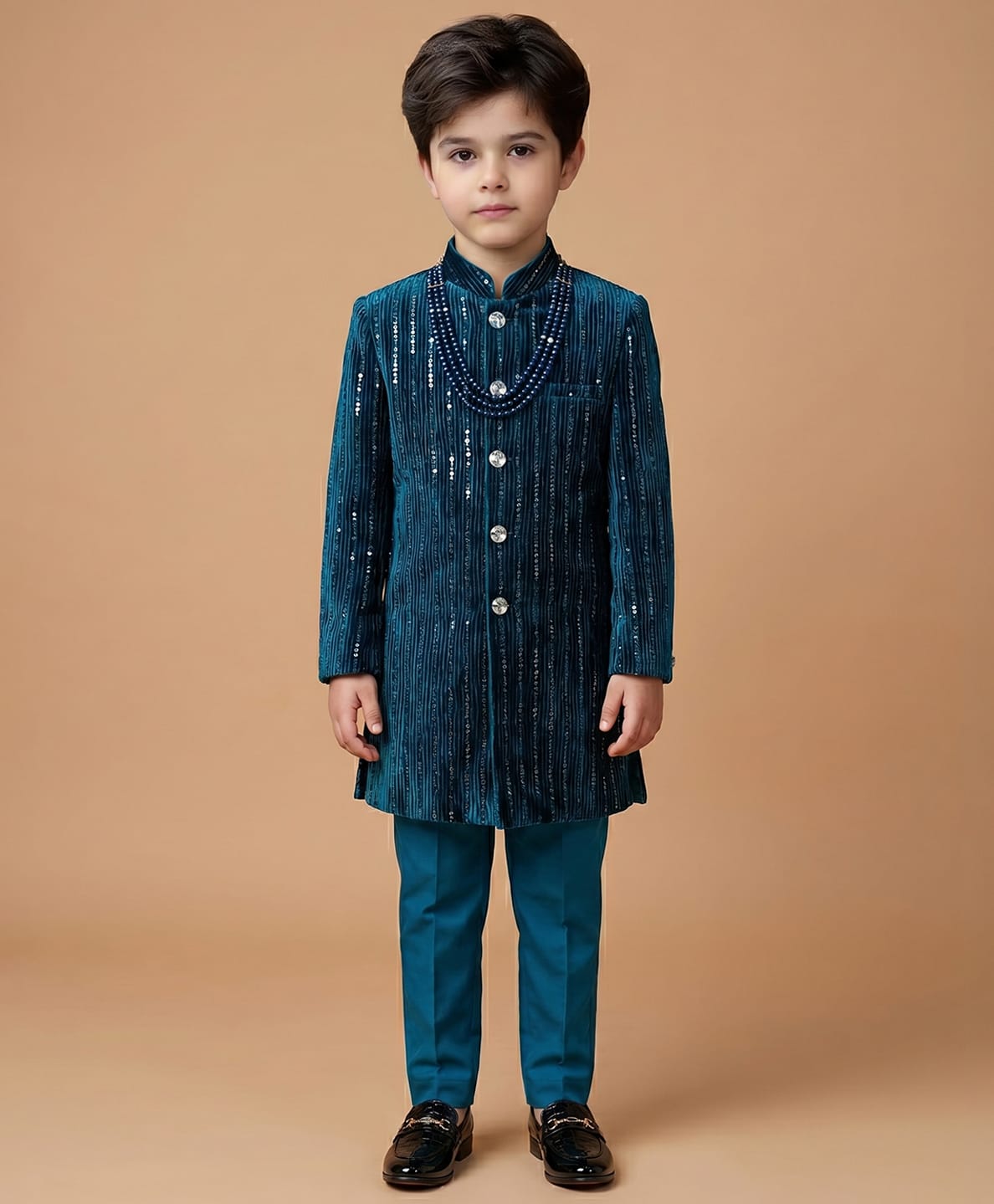 ETHNIKS NEURON Velvet Woven Full Sleeves Embellished Kurta Pyjama Set With Mala -Teal-image-2