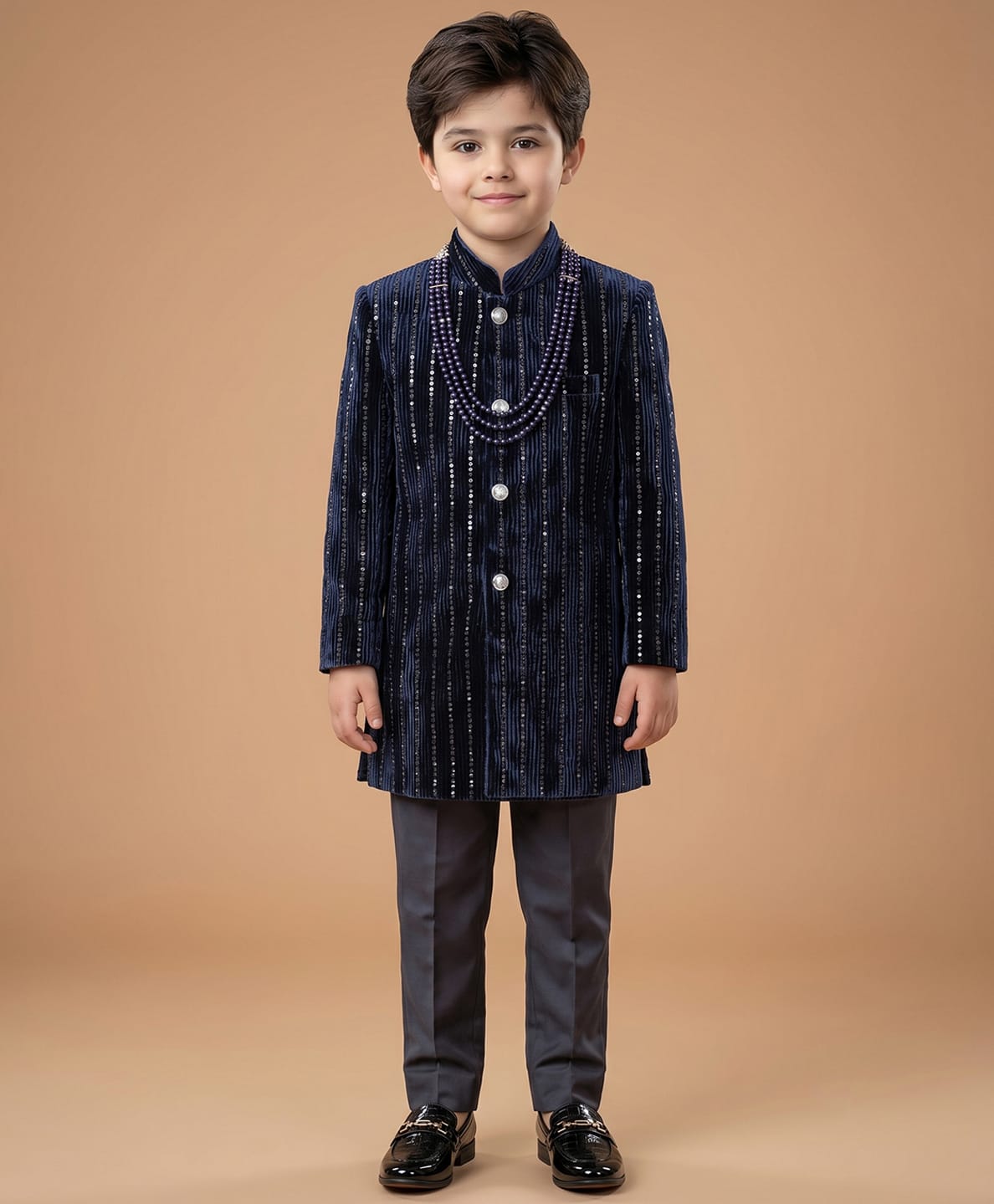 ETHNIKS NEURON Velvet Woven Full Sleeves Embellished Kurta Pyjama Set With Mala -Navy Blue-image-13