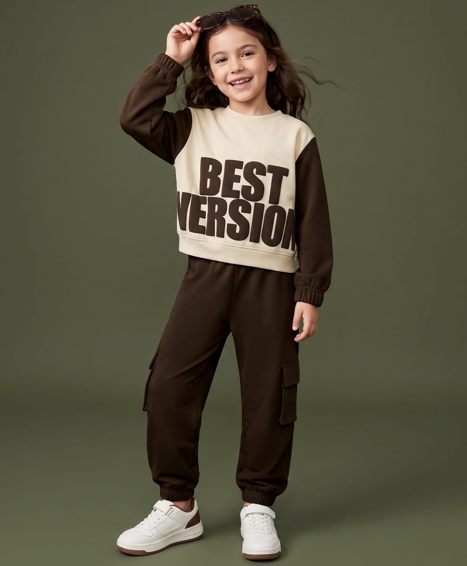 OLLINGTON ST. Cotton Knit Full Sleeve Text Printed Top & Joggers Set - Brown-image-31