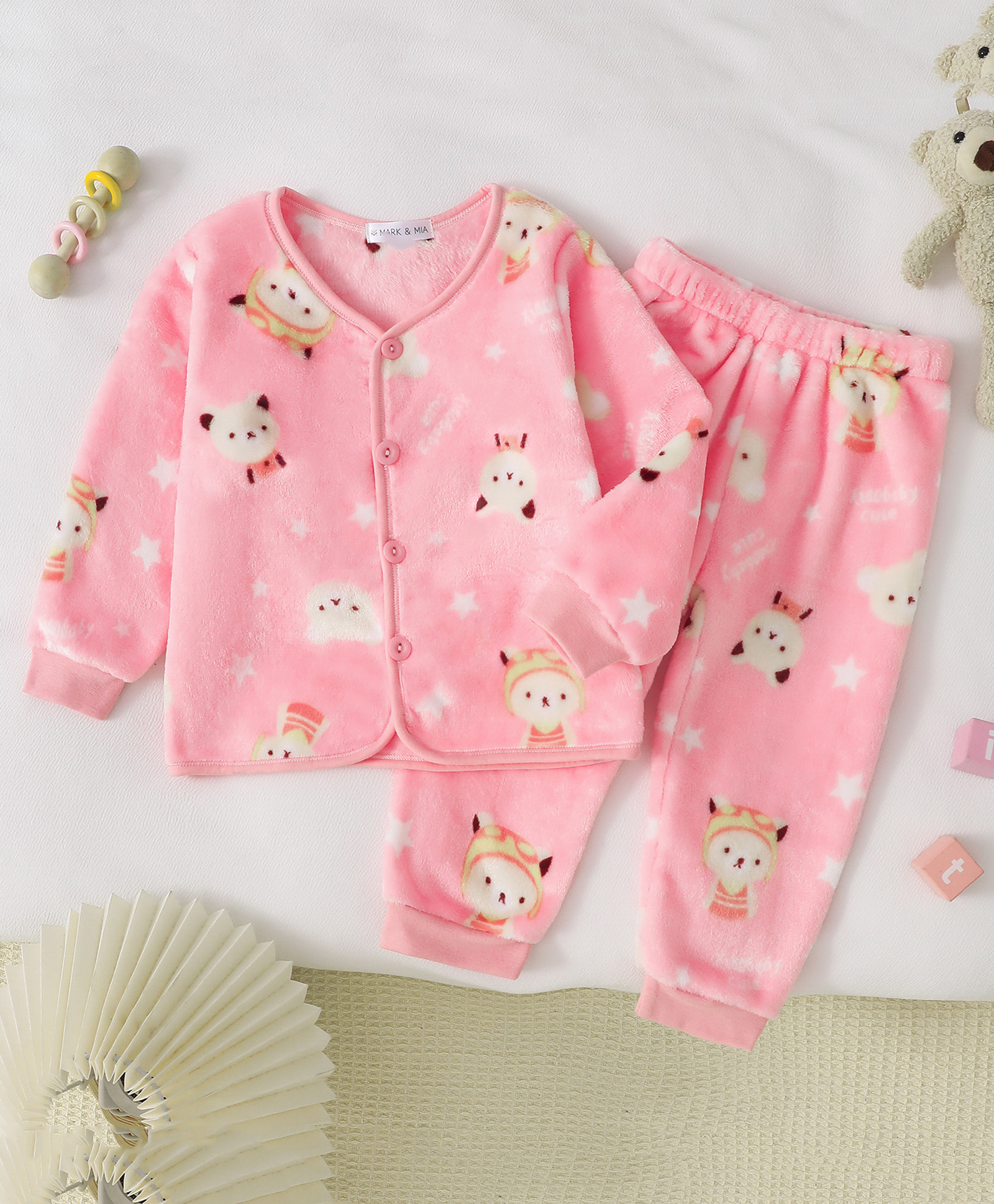 Mark & Mia Full Sleeves Co-Ords T-Shirt & Pyjama Winter Wear Night Suit with Cat Print - Pink-picture-13