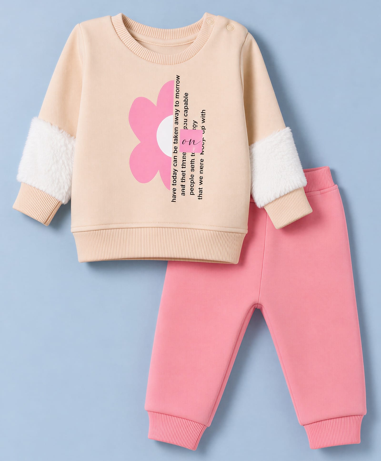 Pepito Fleece Knit Full Sleeves Co-Ords T-Shirt & Pyjama Winter Night Wear with Floral & Typography Print - Pink-image-39