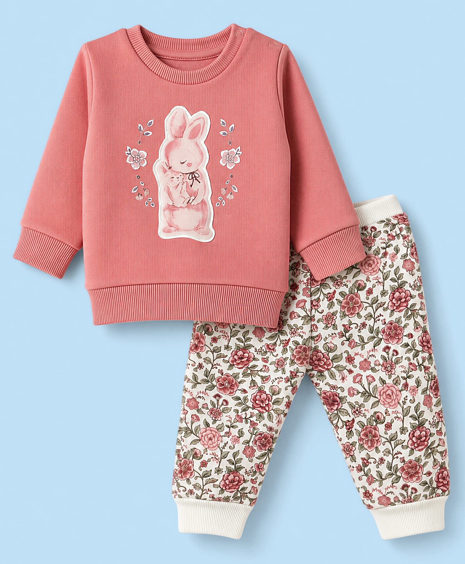 Pepito Fleece Knit Full Sleeves T-Shirt & Pyjama Winter Wear Night Suit with Bunny Patch & Floral Print - Offwhite-picture-28