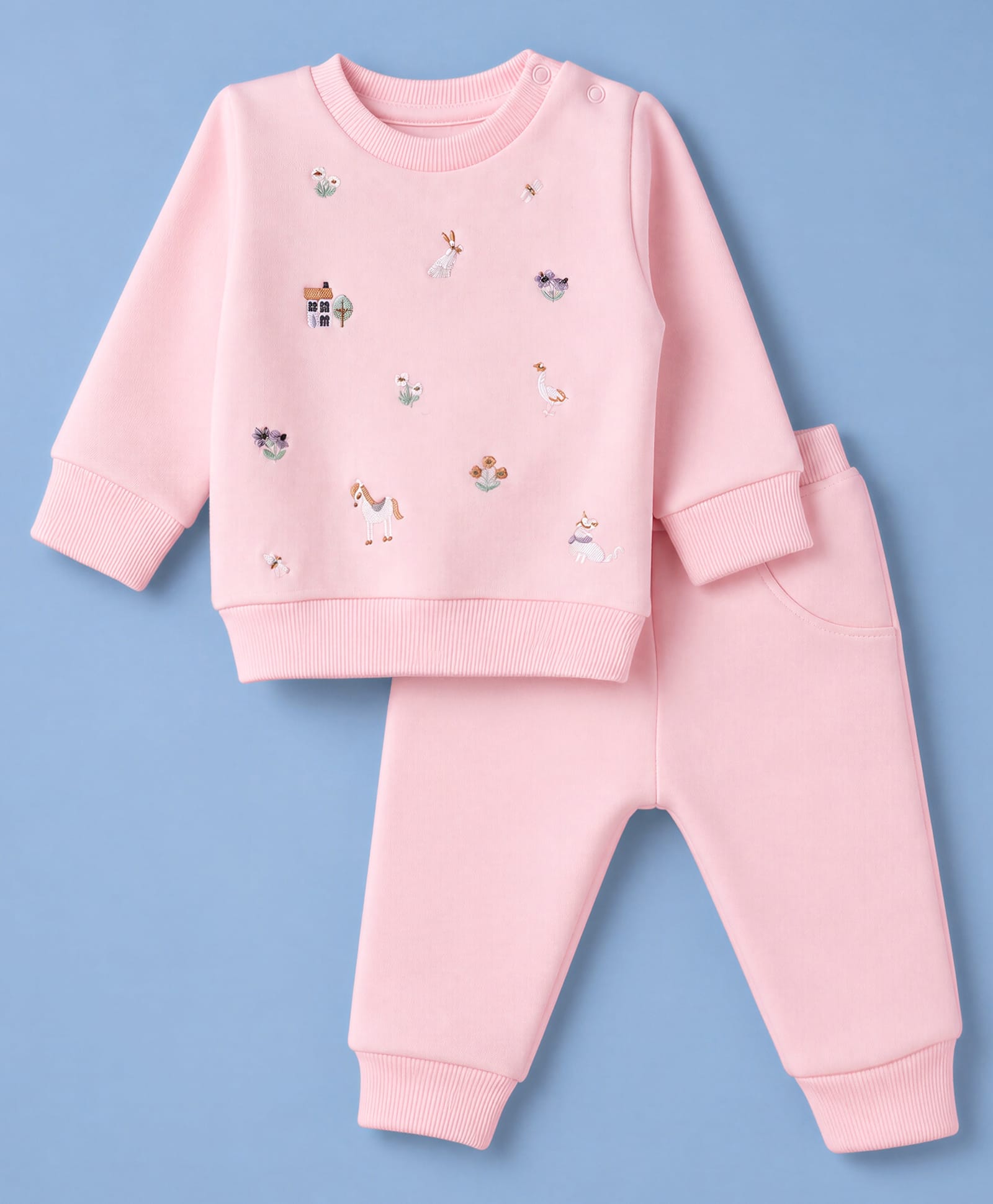 Pepito Fleece Knit Full Sleeves T-Shirt & Pyjama Winter Wear Night Suit with Floral & Animal Embroidery - Light Pink-picture-0