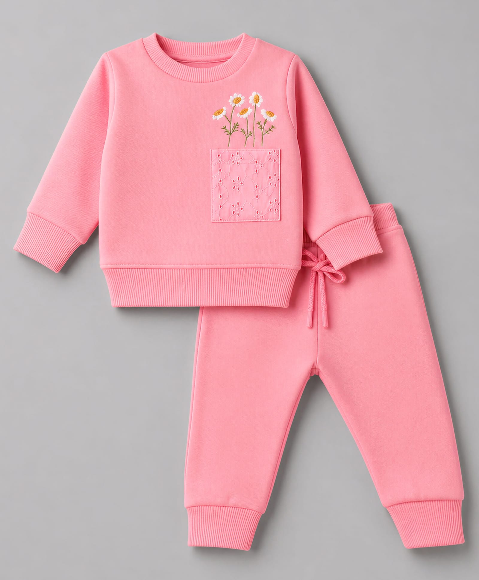 Pepito Fleece Knit Full Sleeves Winter Wear Suit with Floral Embroidery - Pink-picture-36