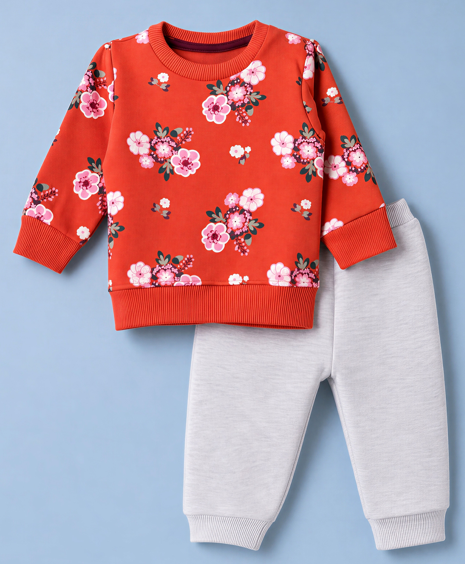 Pepito Fleece Knit Full Sleeves Co-Ords T-Shirt & Pyjama Winter Night Suit with Floral Print - Rust Orange-image-43