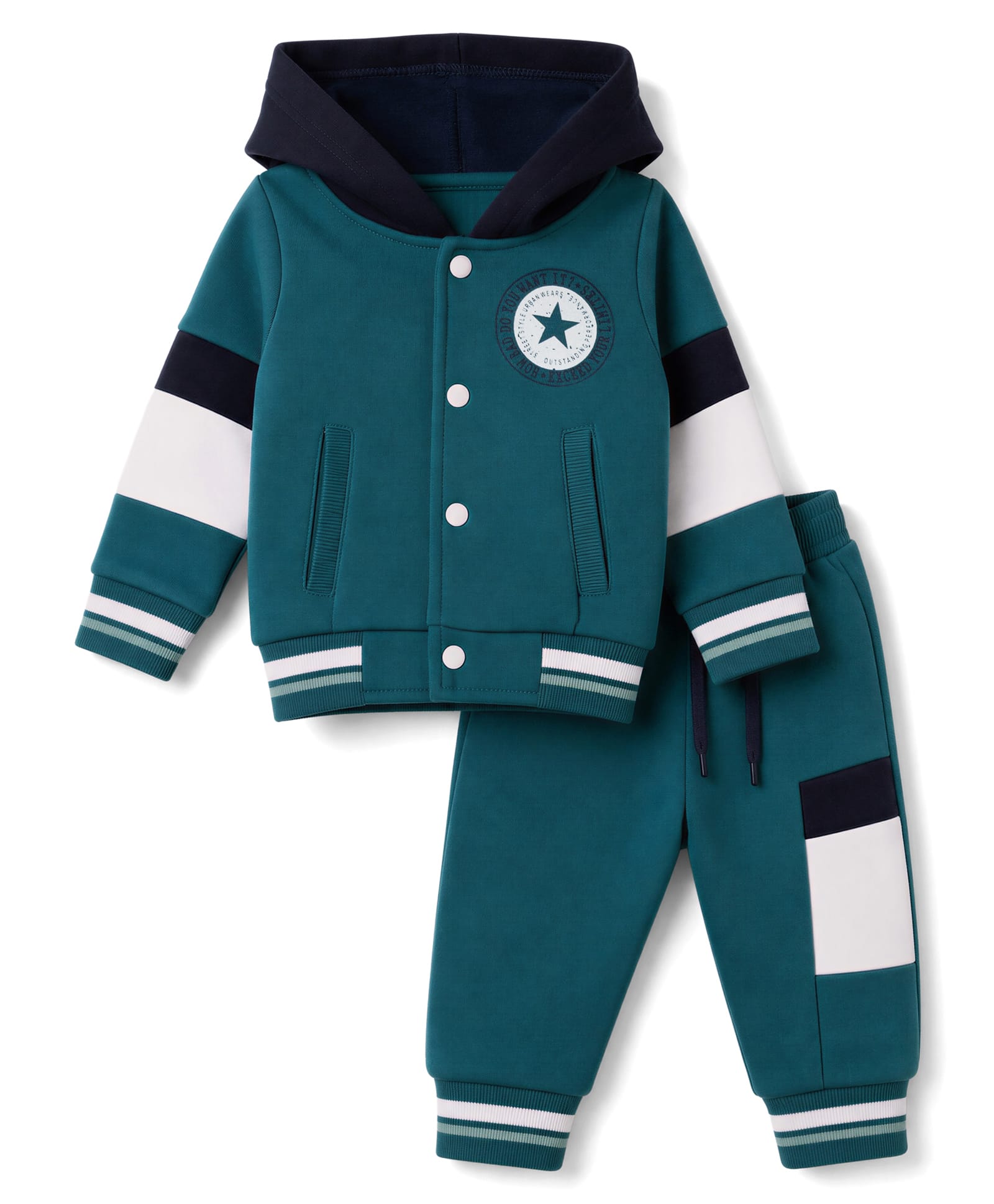 Pepito Fleece Knit Hooded Full Sleeves Winter Wear Suits With Star & Text Print - Teal Blue-picture-23
