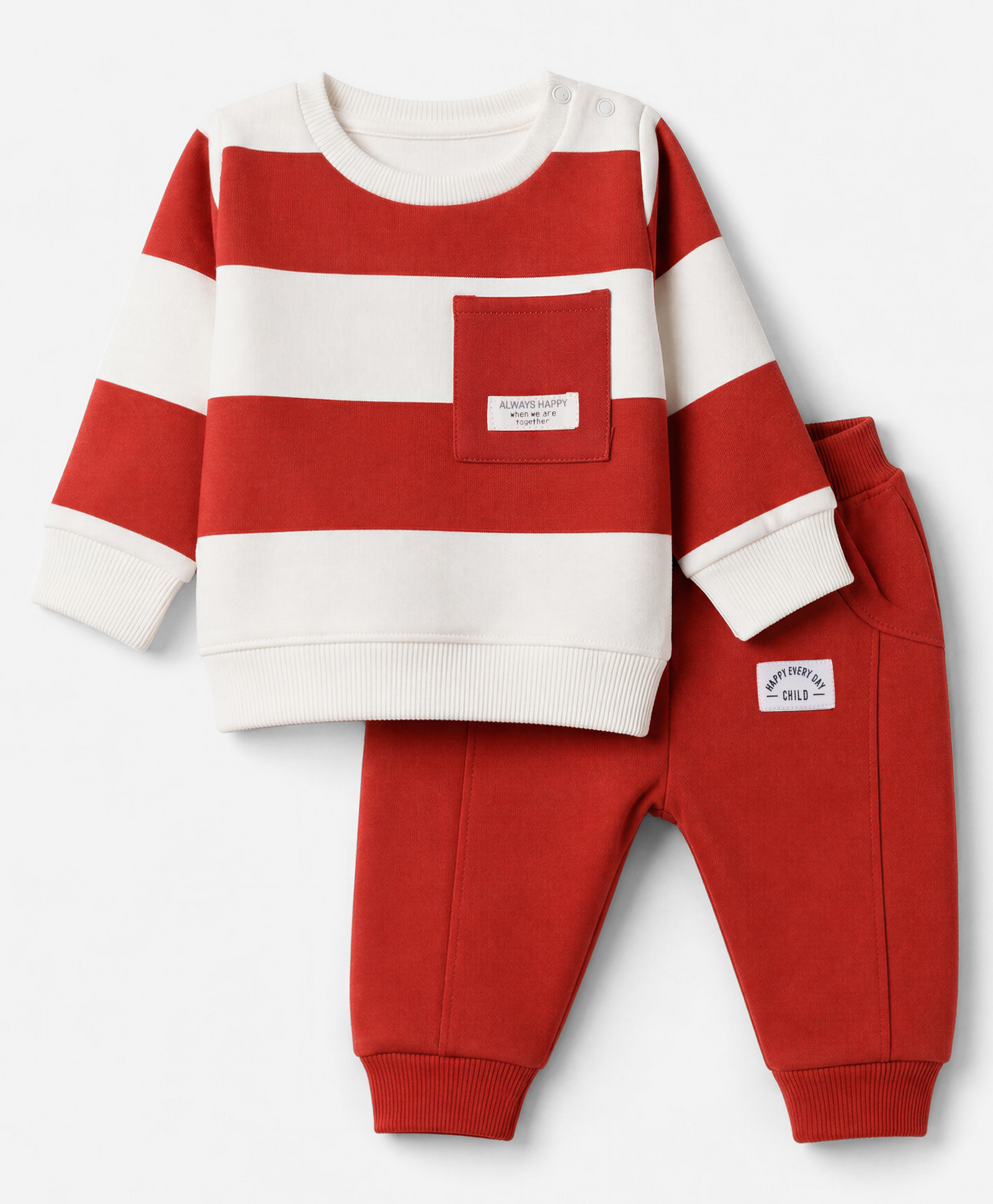 Pepito Fleece Knit Full Sleeves Winter Wear Suit with Stripes - Off White & Red-picture-37