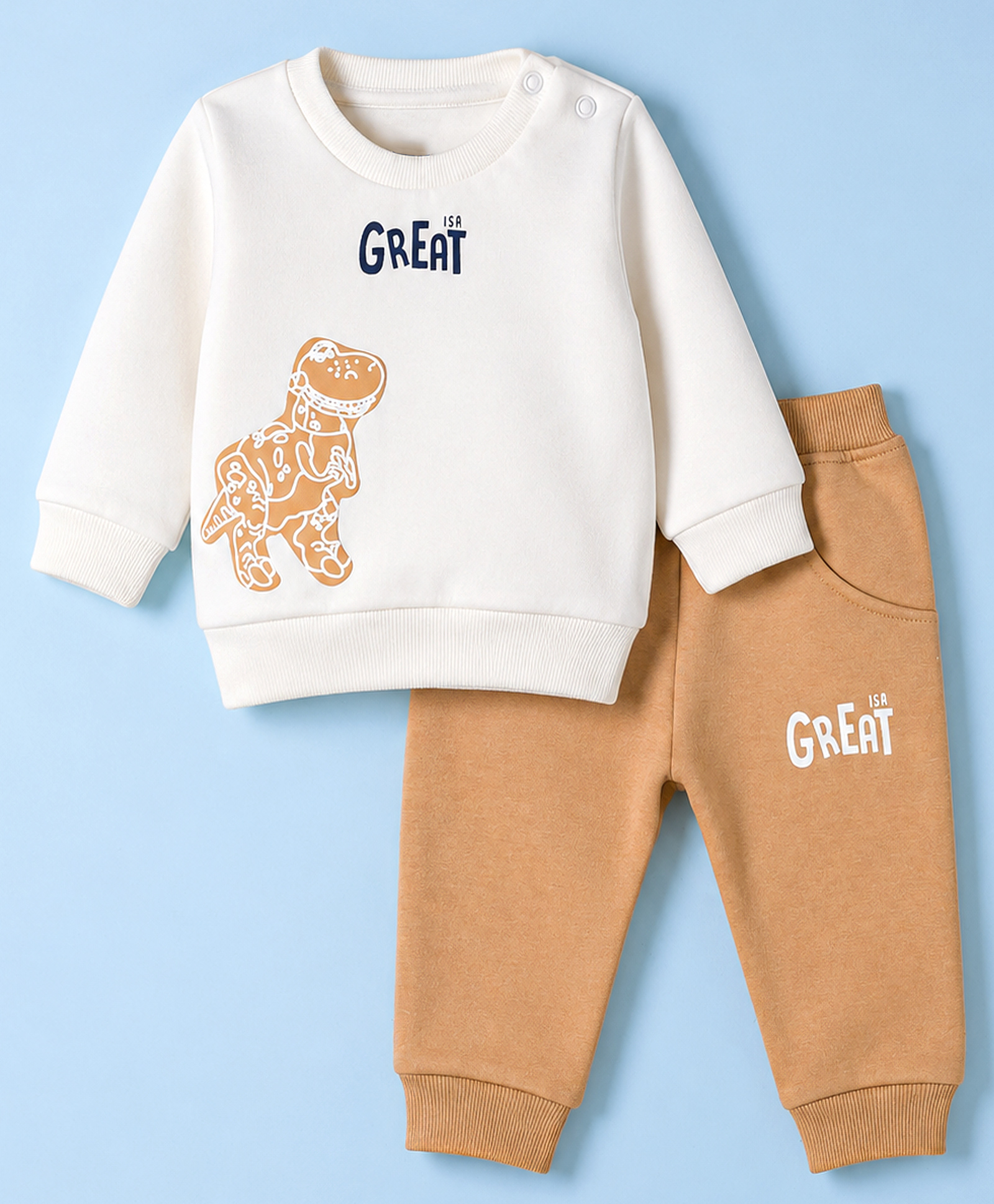 Pepito Fleece Knit Hooded Full Sleeves Winter Wear Suits With Dino Print - White & Brown-picture-22