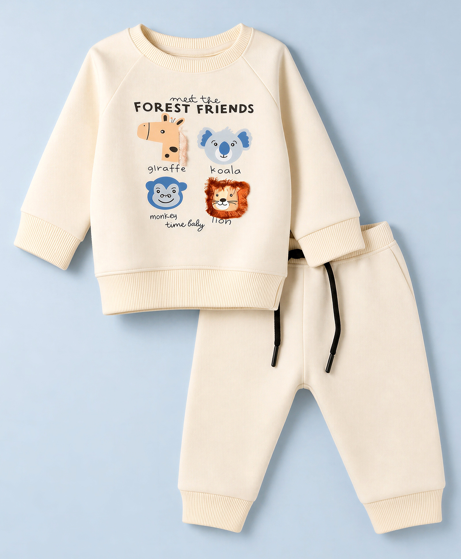 Pepito Fleece Knit Hooded Full Sleeves Winter Wear Suits With Animal & Text Print - Cream-picture-25