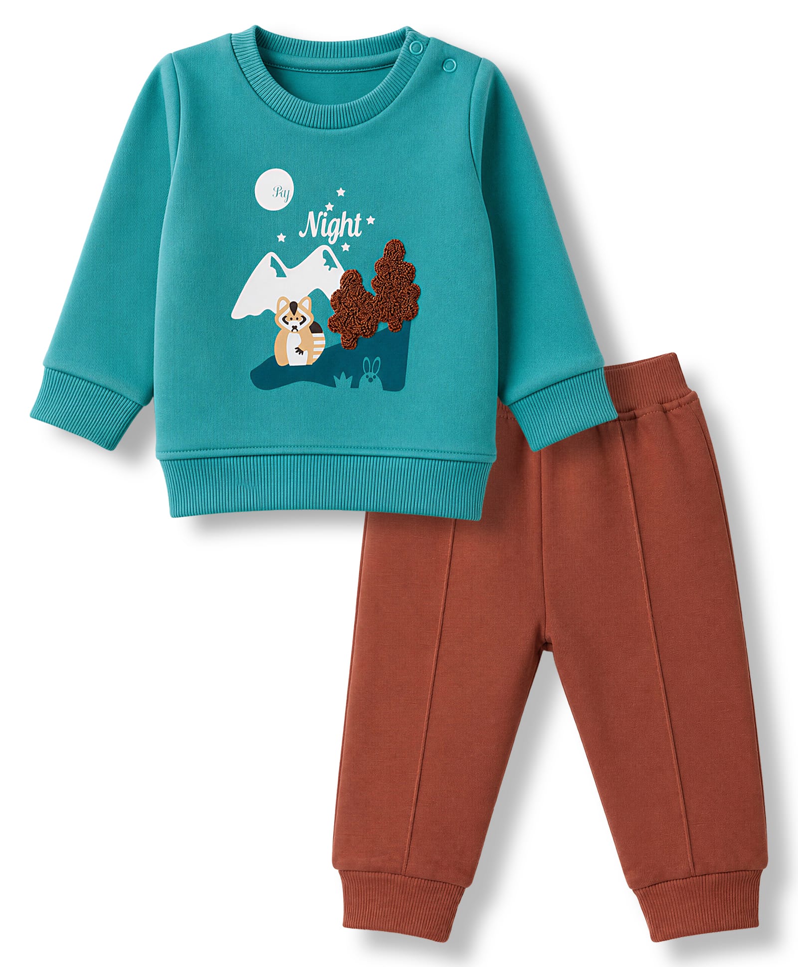 Pepito Fleece Knit Full Sleeves Winter Wear Suit with Tree Embroidery -Teal & Light Brown-picture-24
