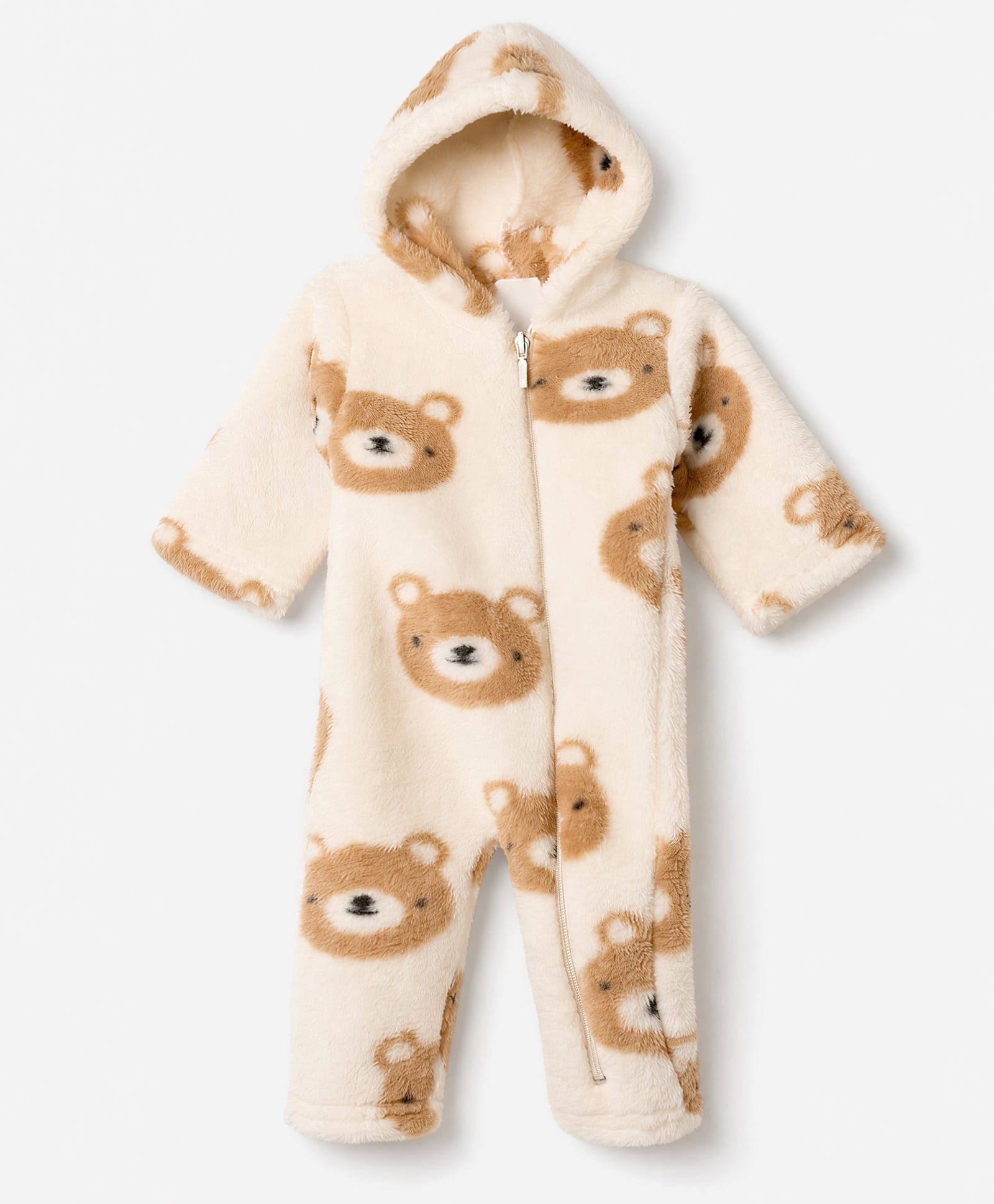 Babyhug Fur Woven Full Sleeves Hooded Winter Wear Romper With Teddy Bear Design - Light Brown-image-22