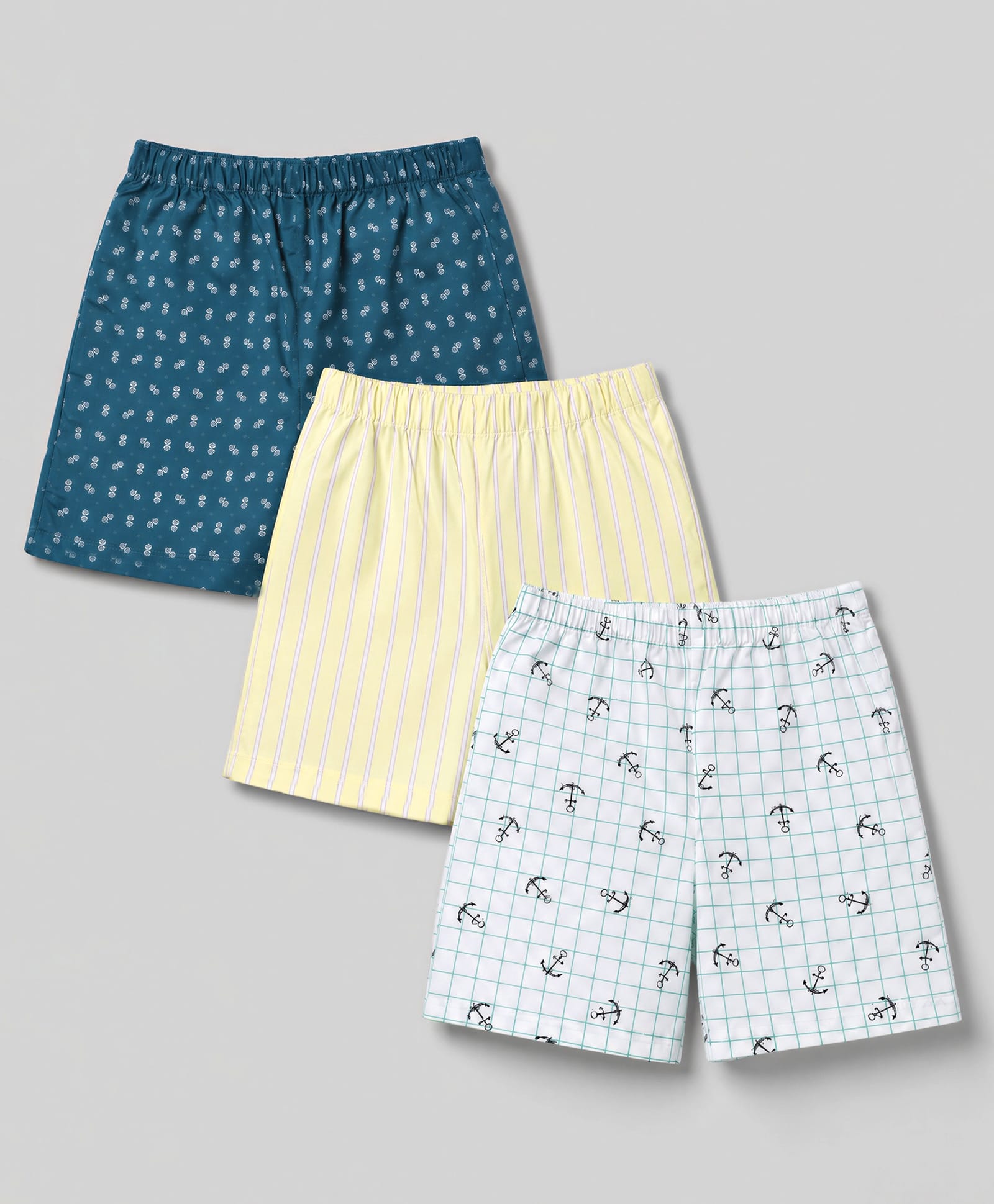 Babyhug Cotton Poplin Woven Checks & Striped Boxers with Anchor Print Pack of 3 - Teal Yellow White-image-33