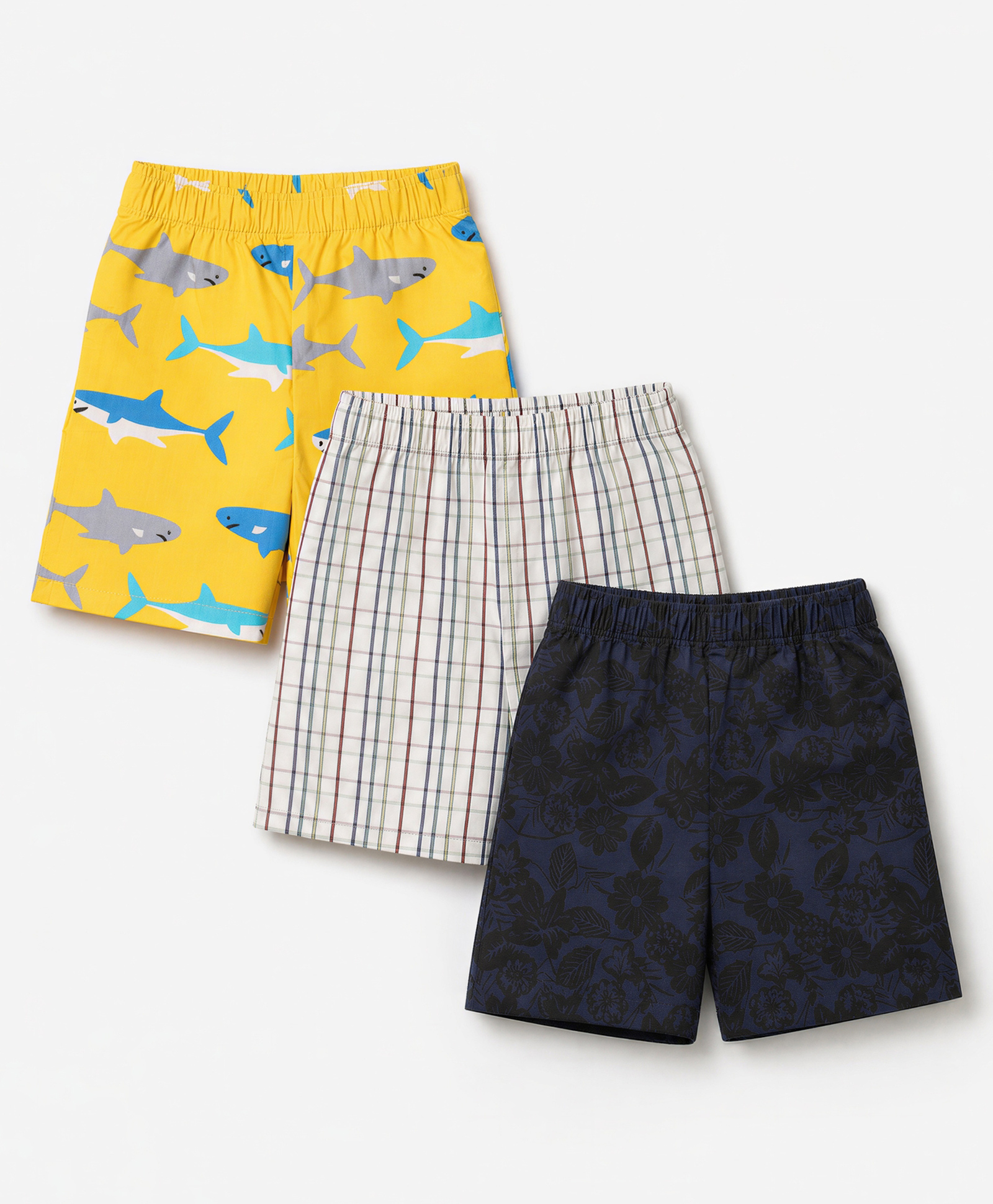 Babyhug Cotton Poplin Woven Above Knee Length Checked Boxers With Floral & Shark Print Pack of 3 - White, Black & Yellow-image-48