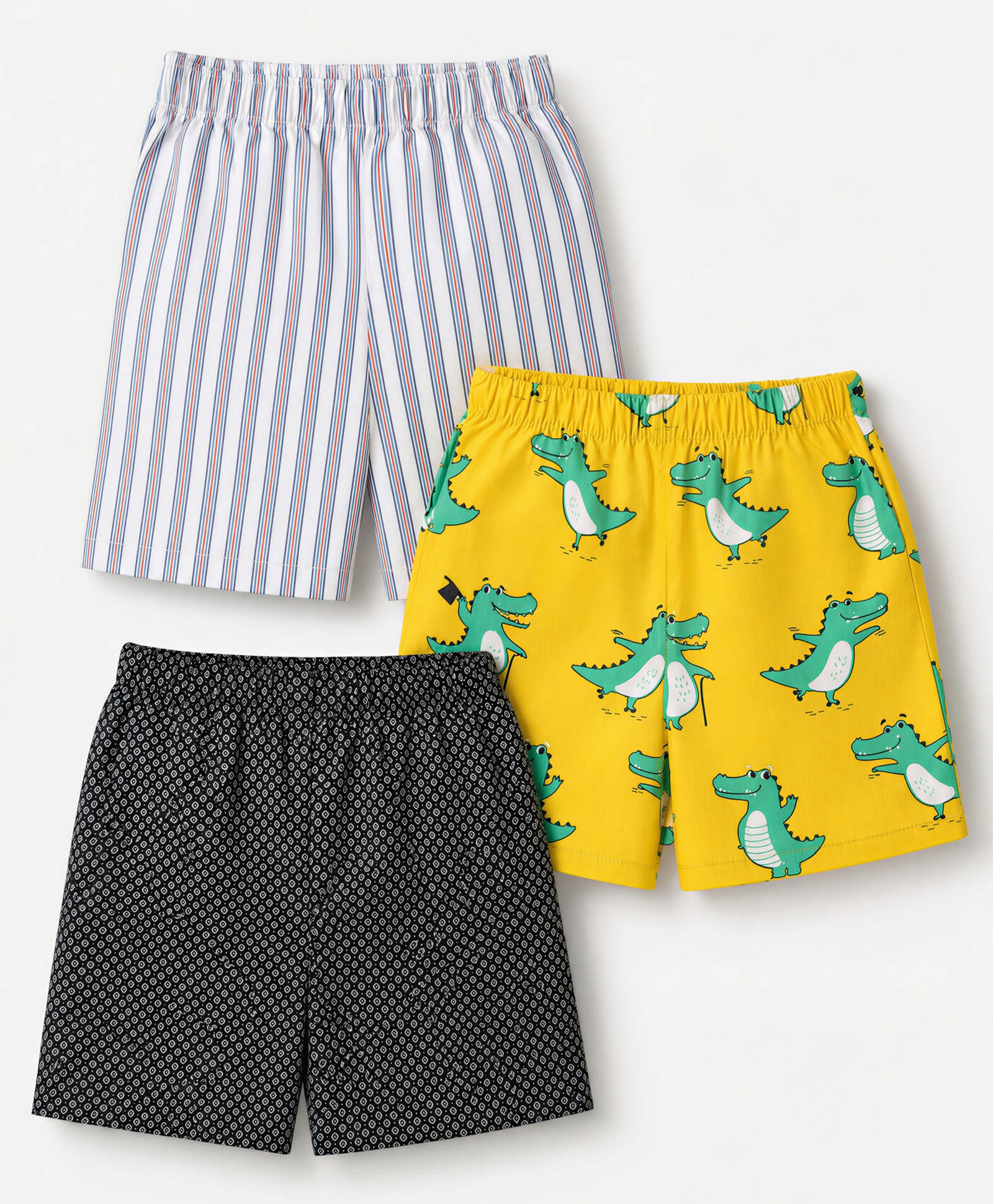Babyhug Cotton Poplin Woven Stripped Boxers with Alligator Print Pack of 3 - Black Yellow White-picture-19