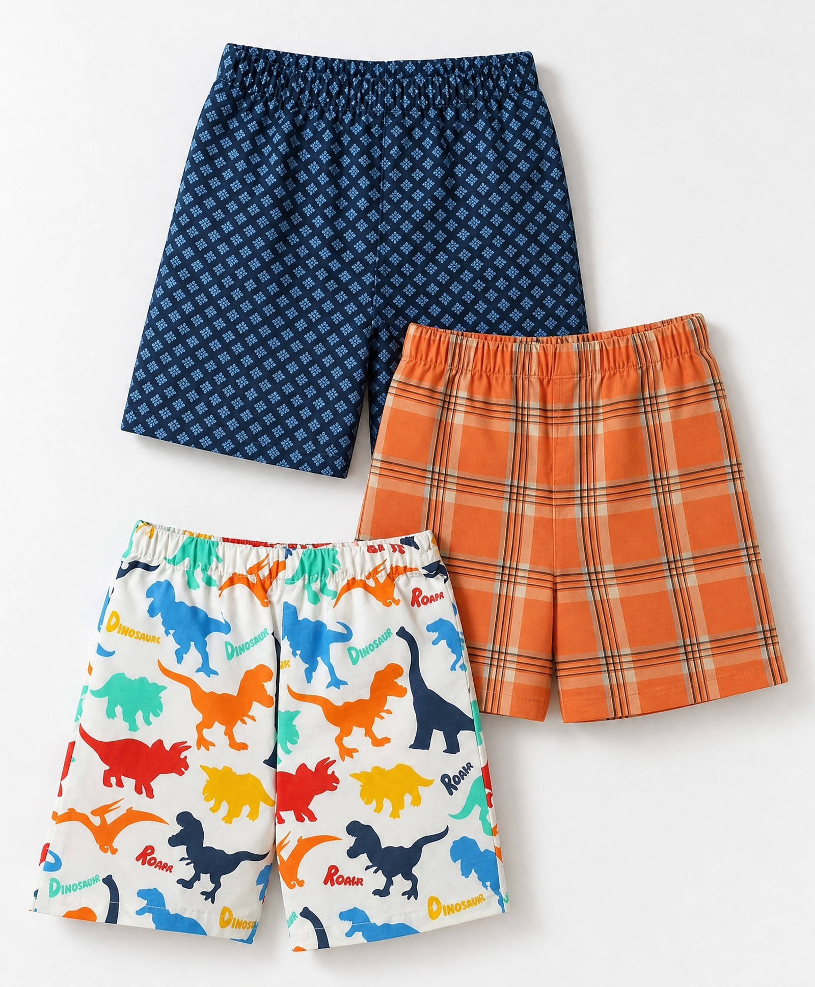 Babyhug Cotton Poplin Woven Above Knee Length Checked Boxers With Floral & Dino Print Pack of 3 - White, Navy & Orange-image-19