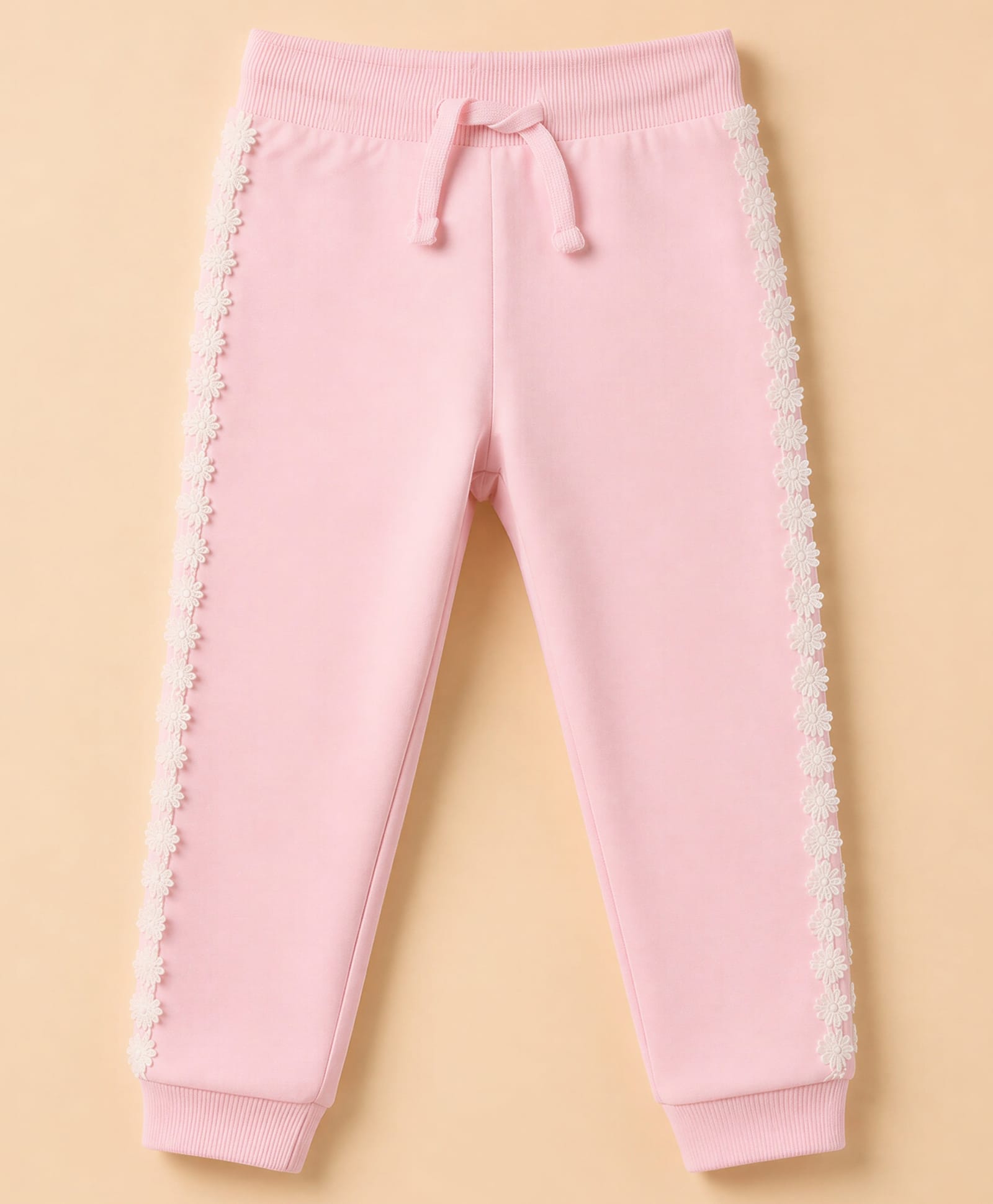Babyhug Cotton Looper Knit Full Length Lounge and Track Pant With Lace Detailing - Pink-picture-25