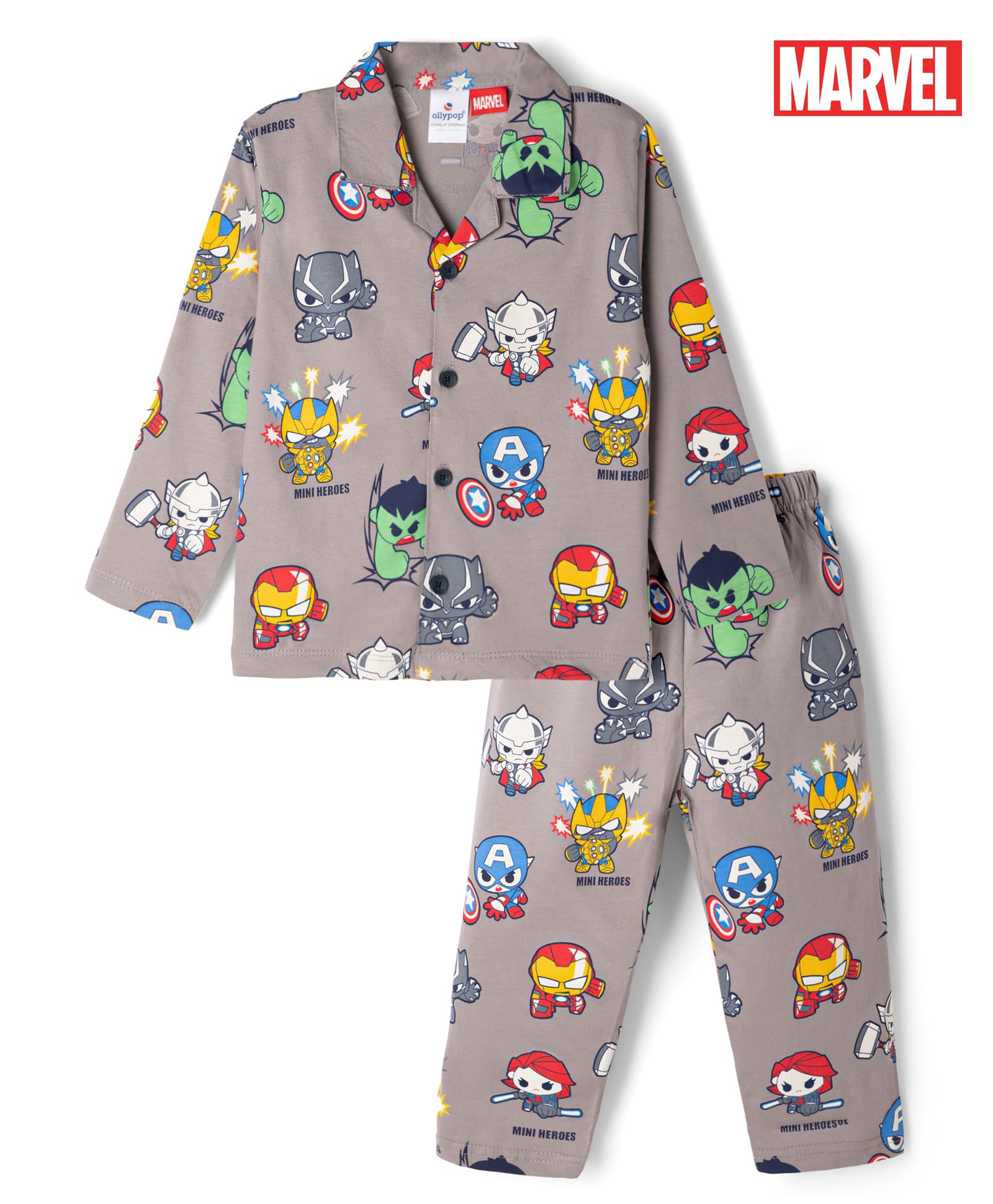 Ollypop Sinker Knit Full Sleeves Co-Ords Shirt & Pyjama Night Suit with Avengers Print -Grey-picture-1