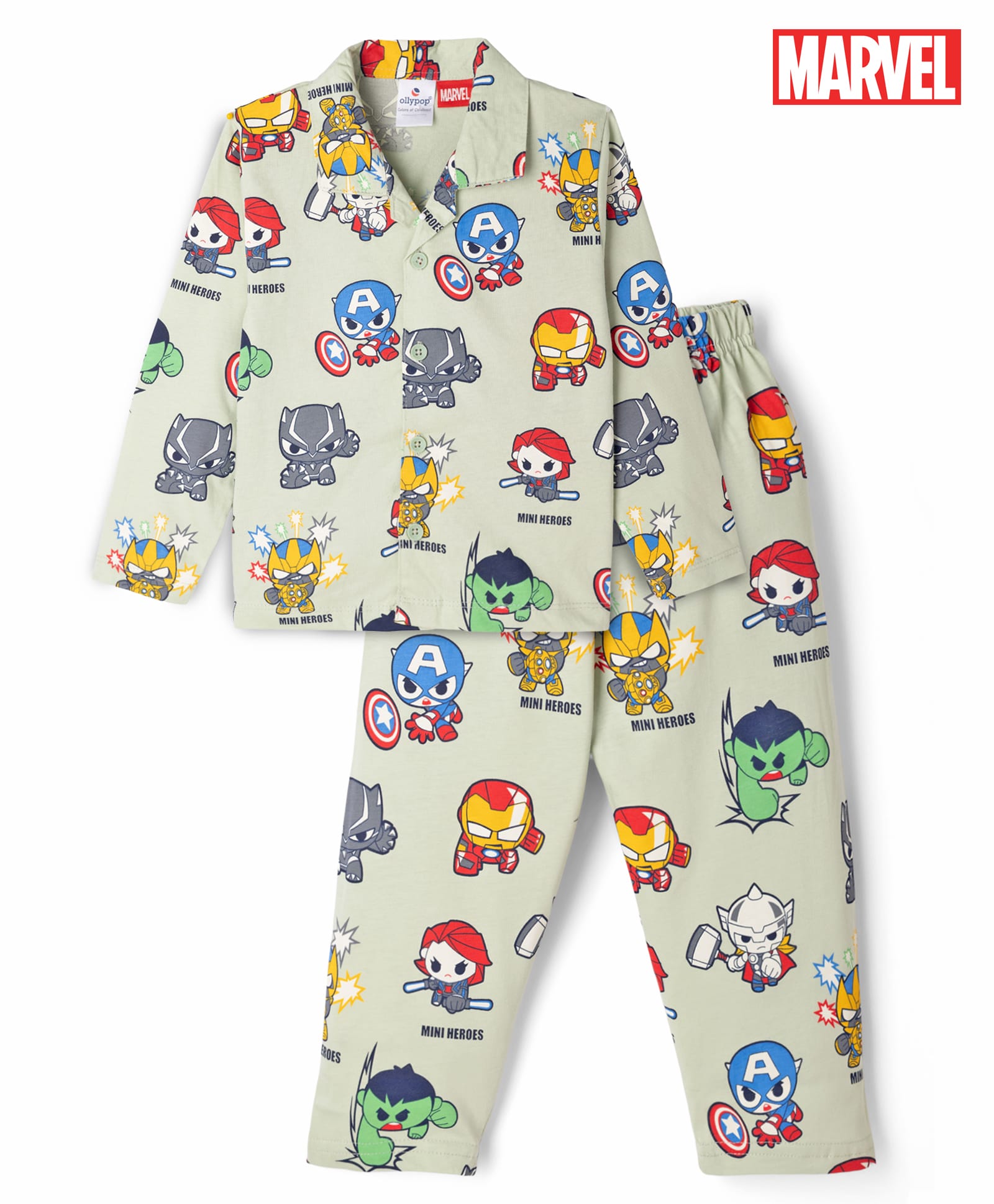 Ollypop Sinker Knit Full Sleeves Co-Ords Shirt & Pyjama Night Suit with Avengers Print - Light Green-image-39
