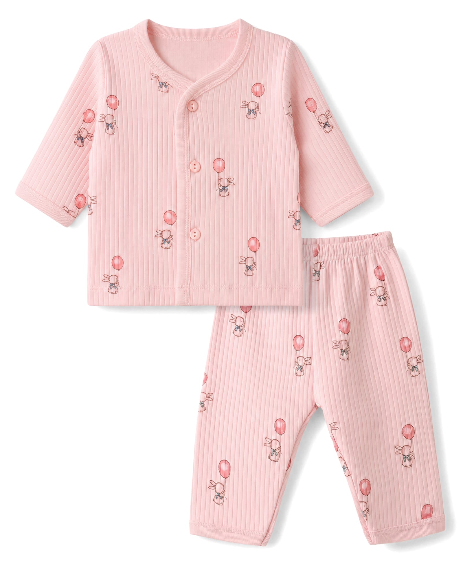 Zero Interlock Knit Full Sleeves Co-Ords T-Shirt & Pyjama Night Suit with Bunny Print - Peach-picture-9