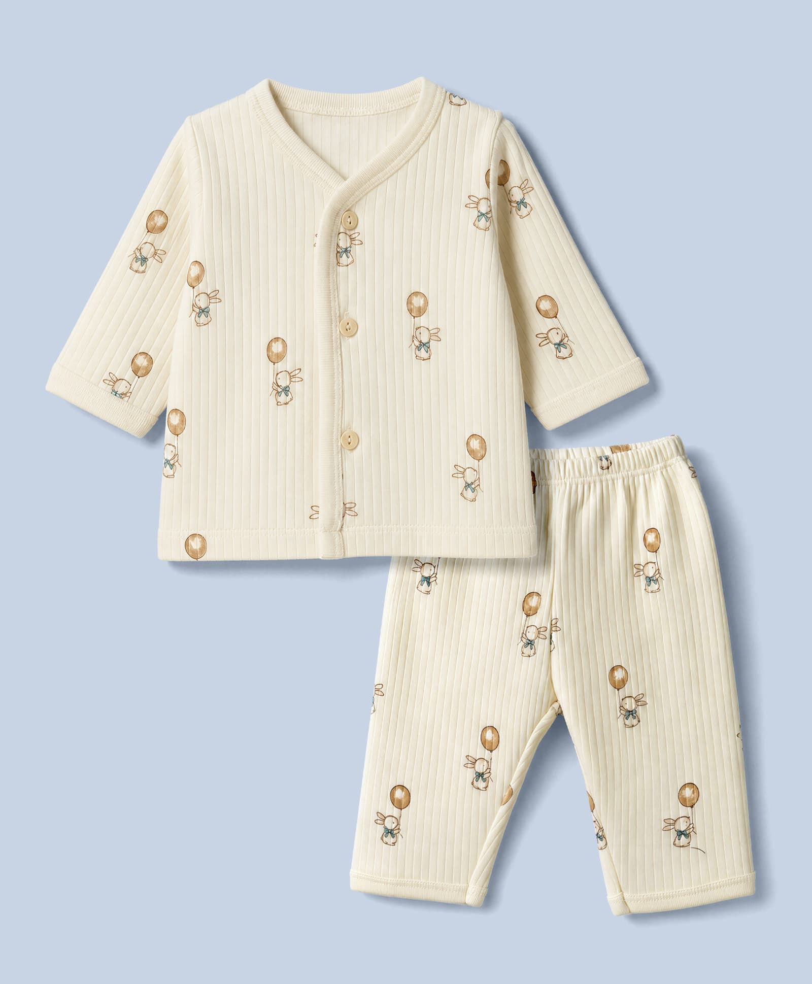 Zero Interlock Knit Full Sleeves Co-Ords T-Shirt & Pyjama Night Suit with Bunny Print - Cream-picture-49