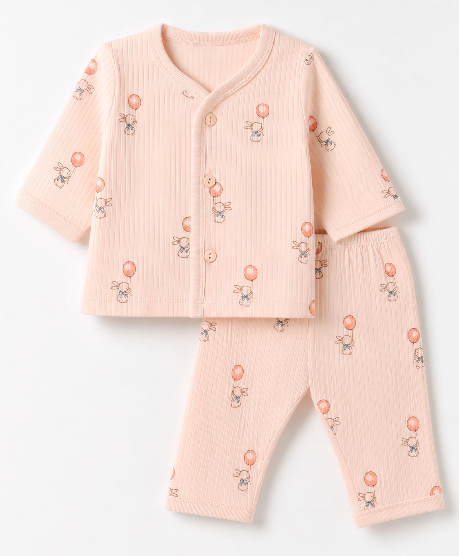 Zero Interlock Knit Full Sleeves Co-Ords T-Shirt & Pyjama Night Suit with Bunny Print - Light Peach-picture-2