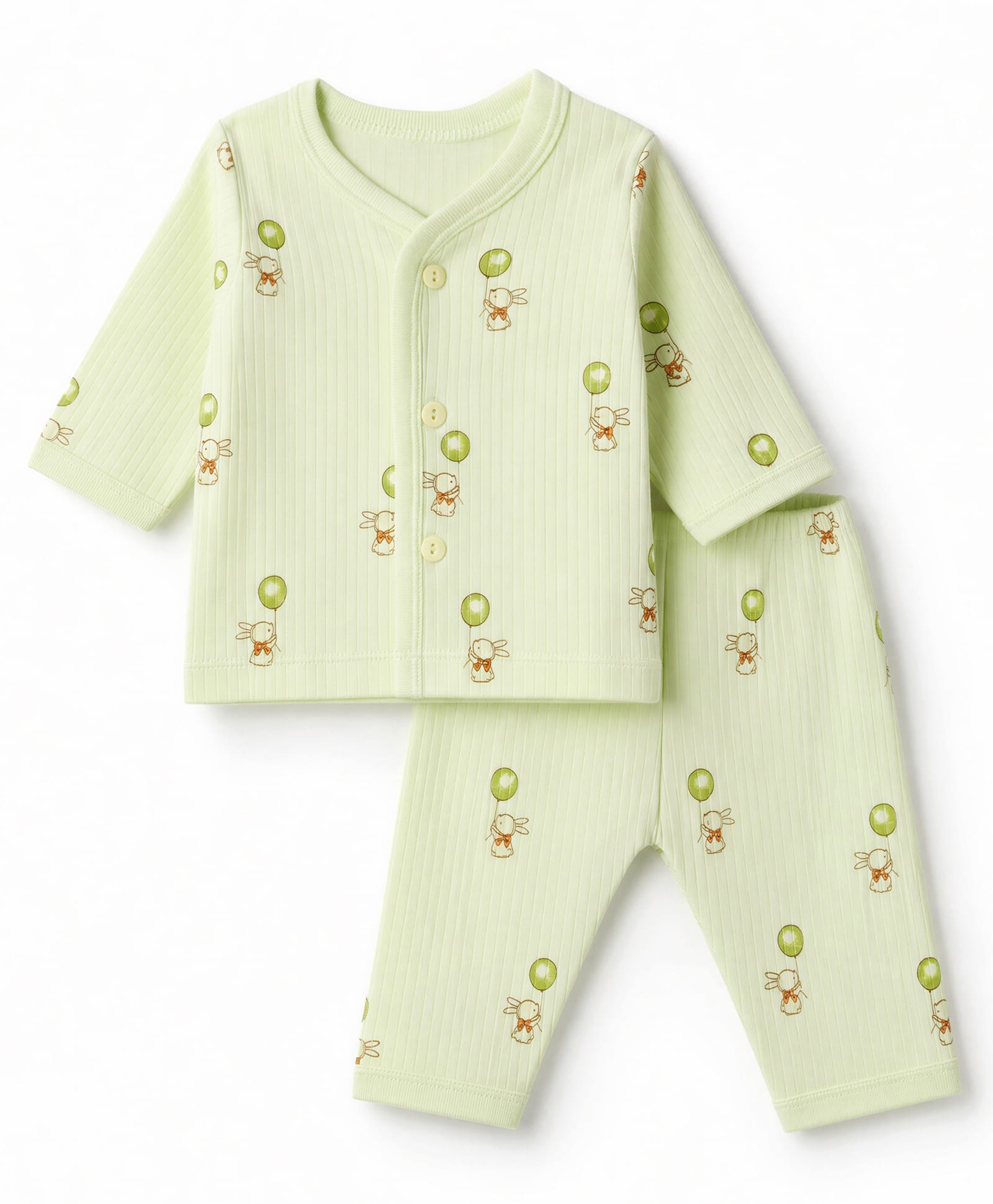 Zero Interlock Knit Full Sleeves Co-Ords T-Shirt & Pyjama Night Suit with Bunny Print - Lime Green-picture-1